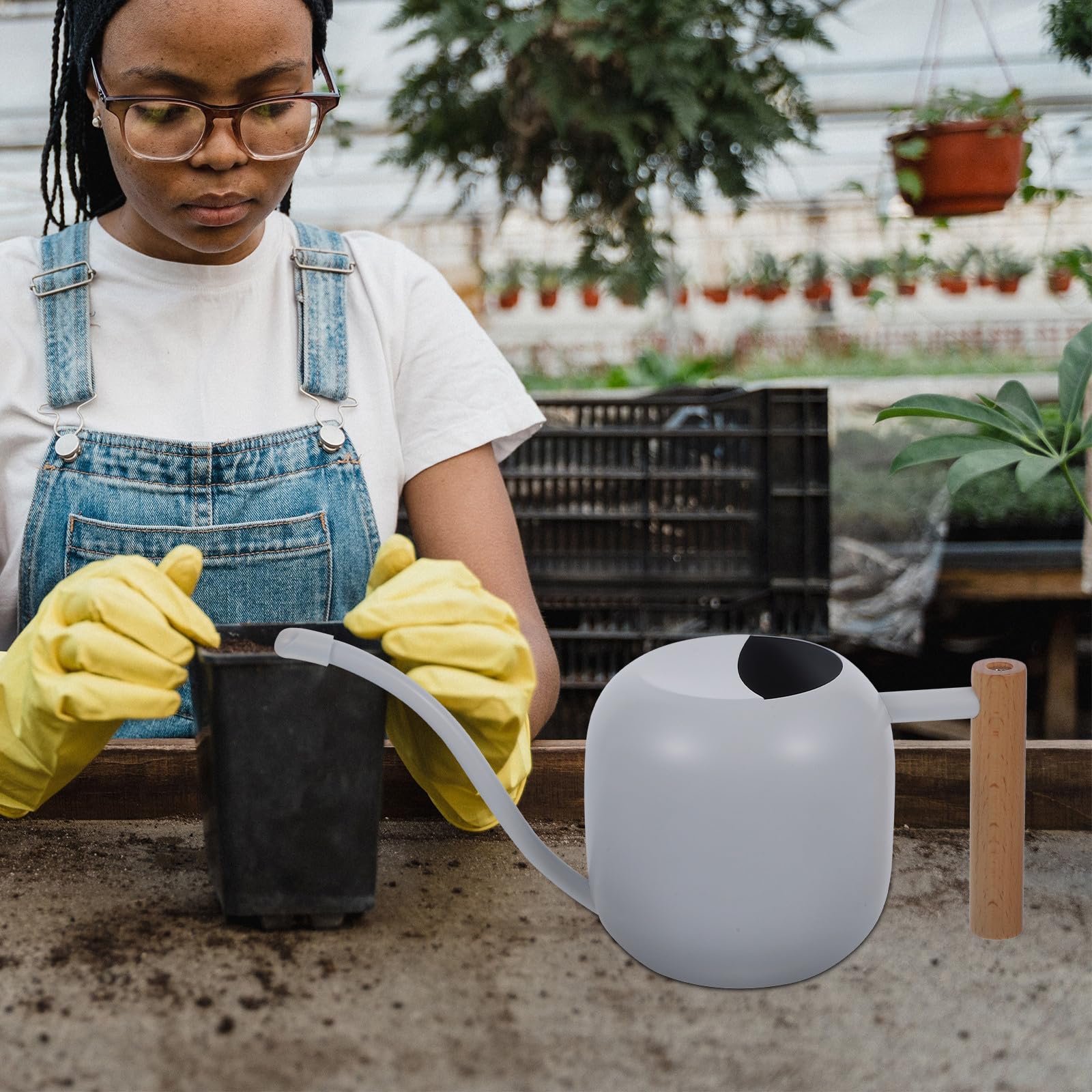 Alipis Arrosoir à Fleurs Arrosoir Plantes D'intérieur Long Bec en Acier Inoxydable et Bois, 1,2 L, Blanc, pour Plantes et Fleurs, Intérieur et Jardin, Facile à Remplir, Anti-débordement
