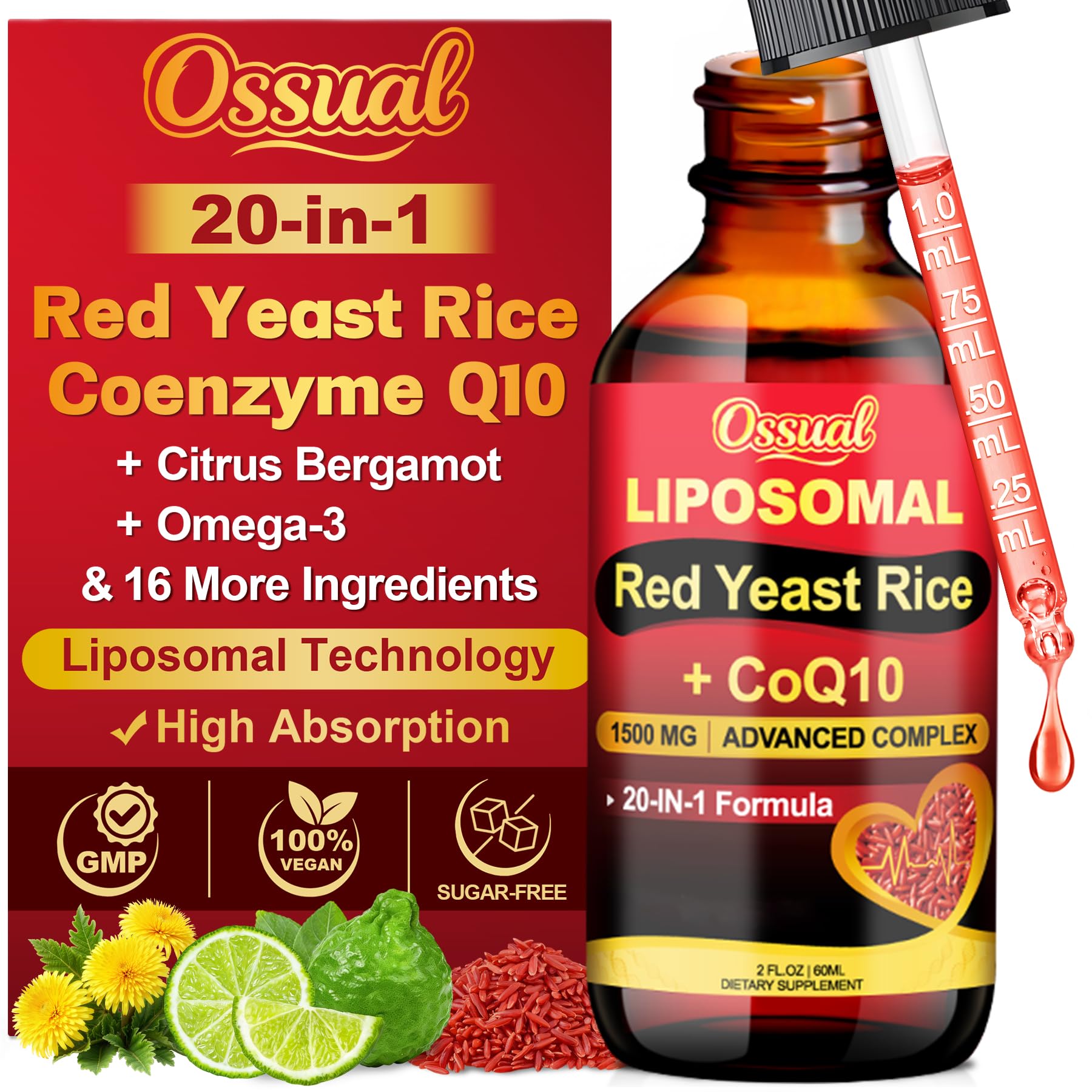 20-in-1 Liposomal Red Yeast Rice with CoQ10 Liquid Drops 1500mg, 2 Fl OZ 2 Fl Oz (Pack of 1)
