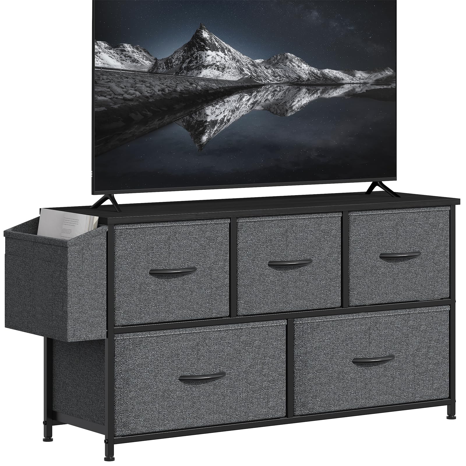 GoaHi 5 Drawer Chest of Drawers, Low Storage Unit with Side Pocket, Metal Frame & MDF Top, Fabric Drawer Dresser for Bedroom, Living Room or Hallway,Deep Grey