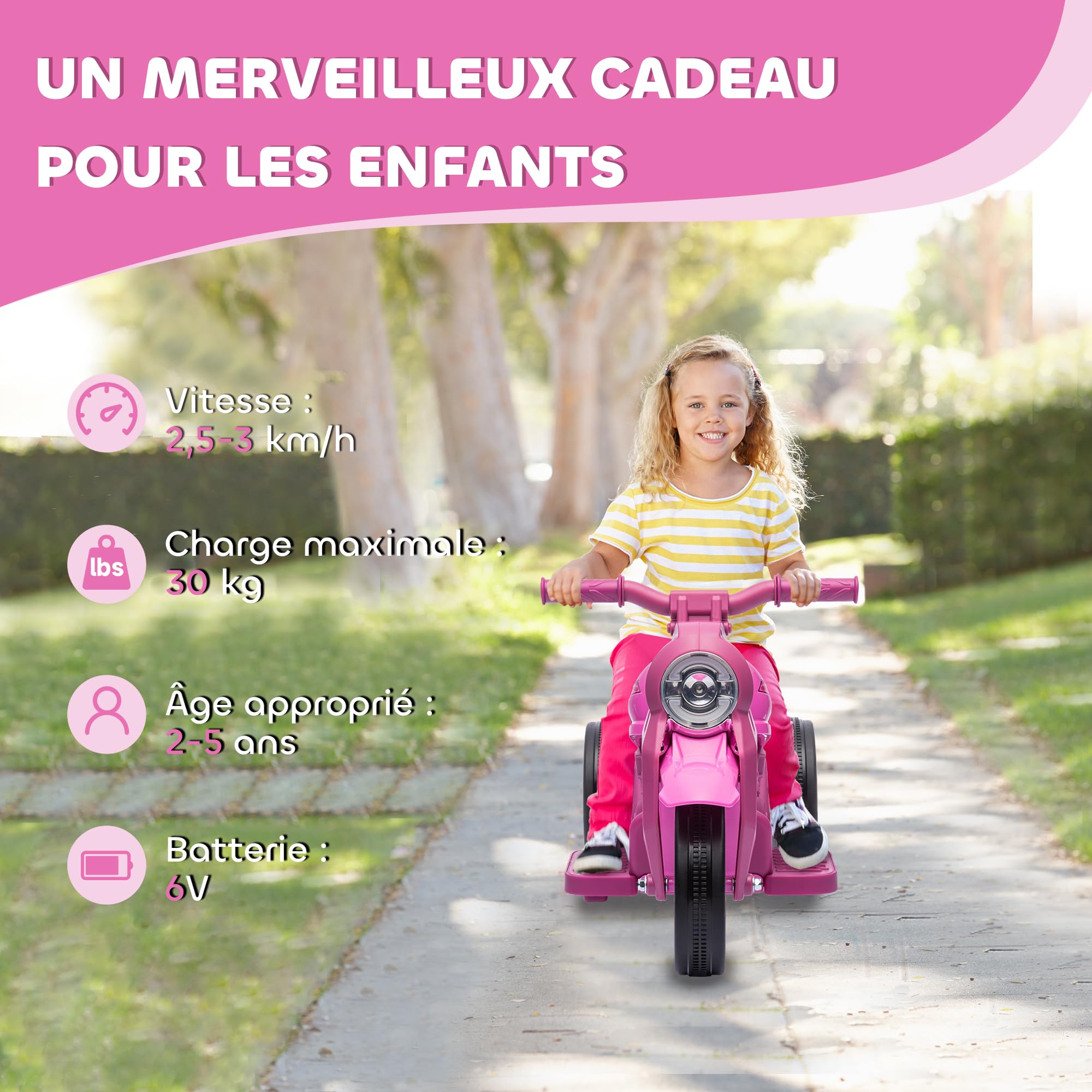 AIYAPLAY Moto électrique Enfants, 3 Roues, 6 V, 3 km/h, Voiture électrique Enfants avec Fonction de Bulles, Effets Lumineux et sonores, 2 à 5 Ans, Charge Max. 30 kg, Rose