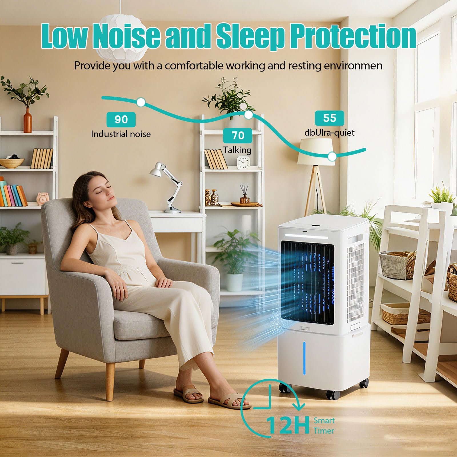 Climatizador Evaporativo Silencioso 25L Sin Tubo con Mando, Ventilador de Agua 24 Velocidades, 6 Bloques de Hielo, Temporizador 12H, Oscilación 90° para Habitación, Oficina, Garaje