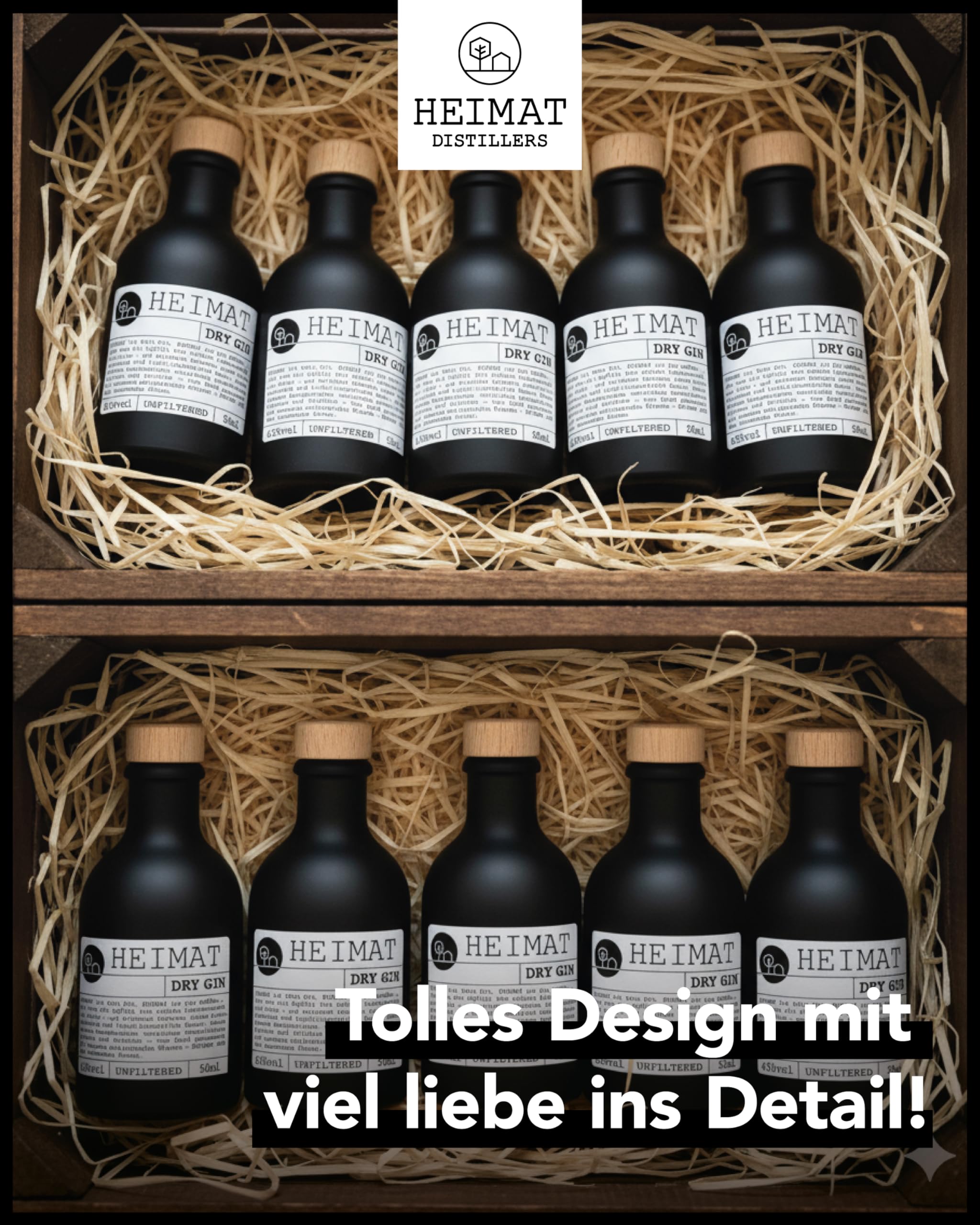 HEIMAT Dry Gin Miniatur (1x 50ml) zum Probieren mit 18 Botanicals wie Salbei, Thymian, Apfel, Lavendel, Ingwer aus der Heimat Destille, kleine Flasche Probiergröße Geschenk