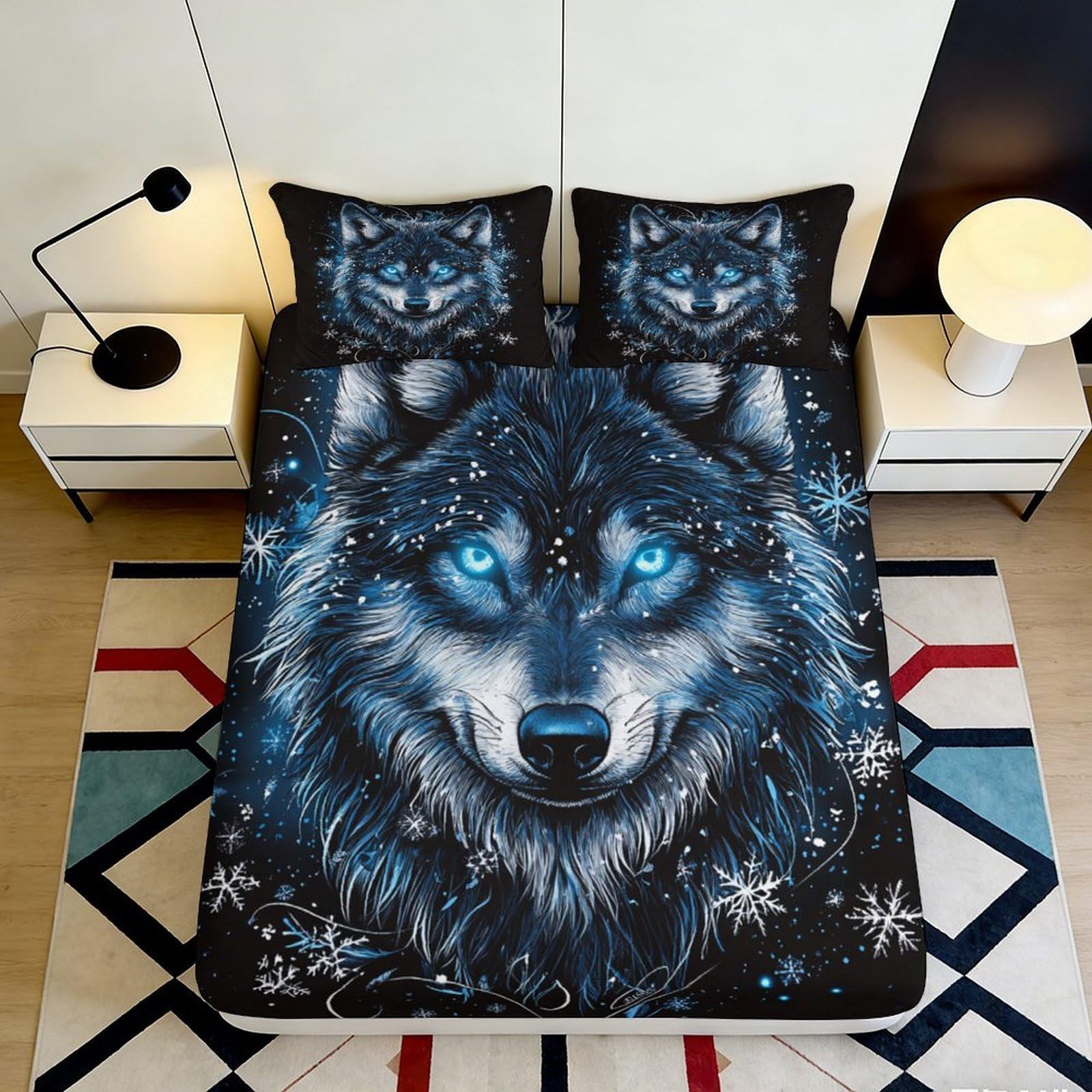 Zfldkwgb Style-7 3D Printed Blue Wolf Fitted Sheet Microfiber Soft Animal Pattern Mattress Cover For Bedroom Dorm Room Decor 90X200x25cm