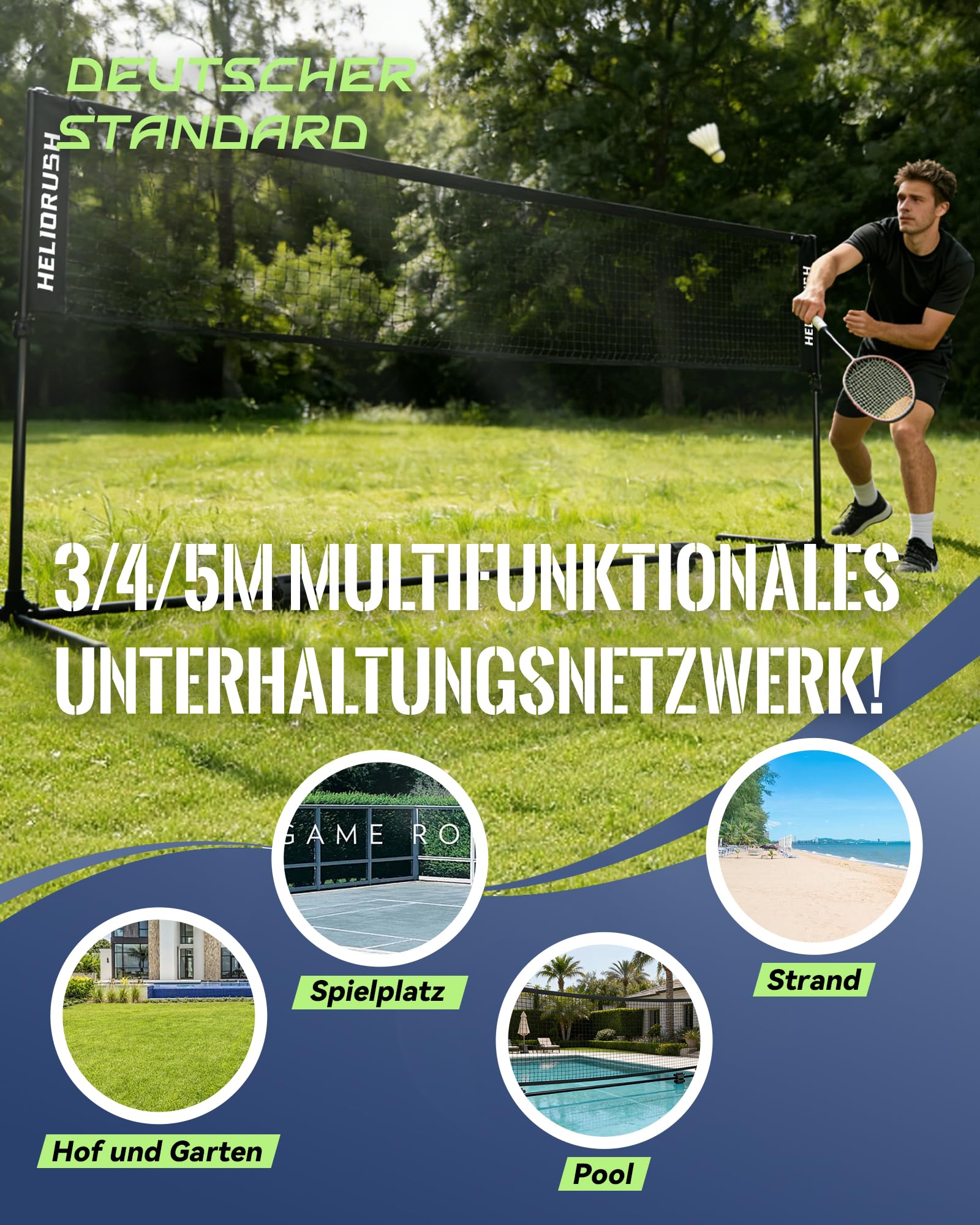 Badmintonnetz Outdoor Höhenverstellbar, 3/4/5m Tragbares Volleyball Netz für Garten mit Stabiler Stahlrahmen & HDPE Netz, Federballnetz für Garten, Pool, Strand, Tennis, Kinder & Erwachsene