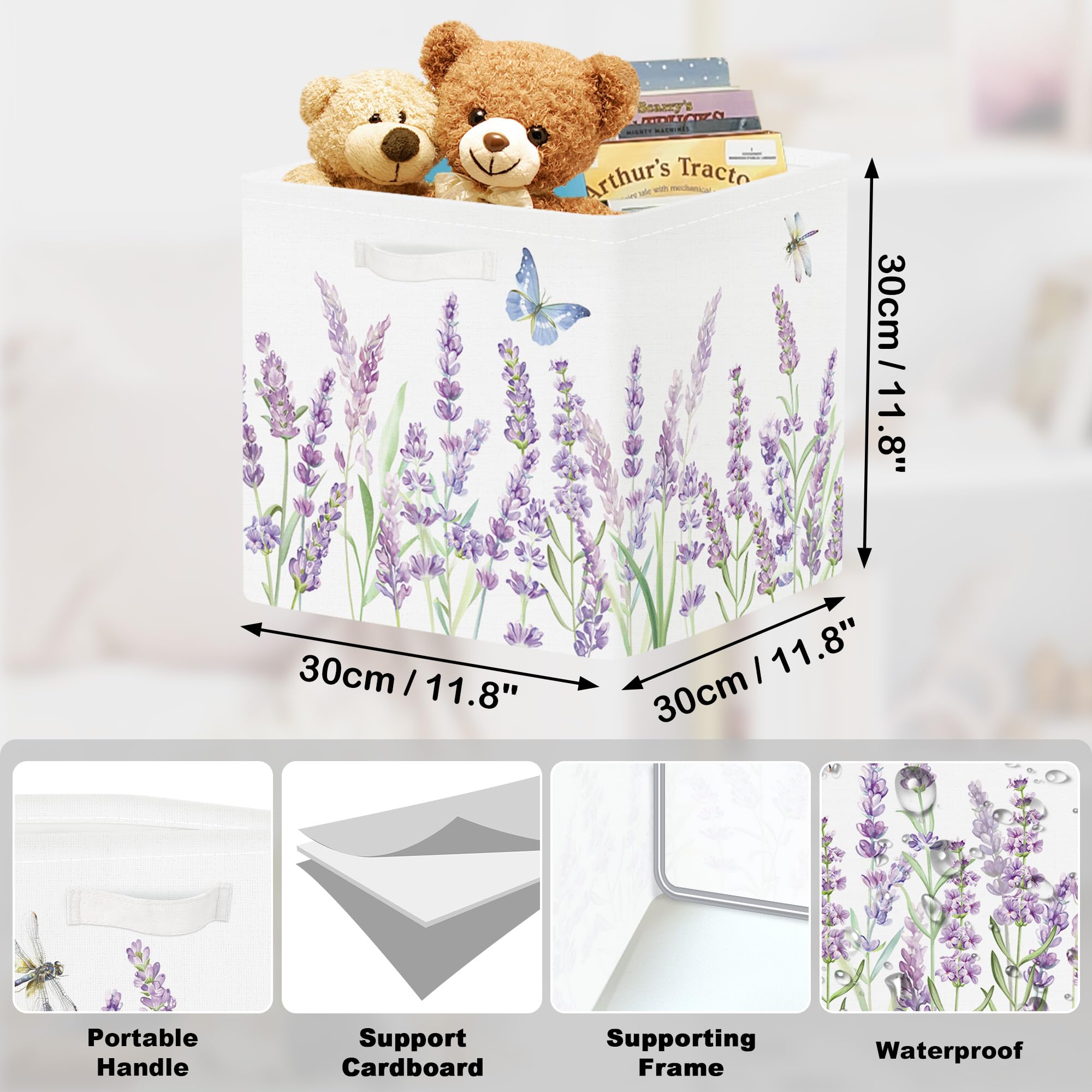 HUUMONSS 30 cm Opbergdoos 3 Stuks Wilde Bloem Opbergmand voor Vrouw Meisje Tuin Vlinder Opbergkubus met Handgrepen voor Slaapkamer Organizer voor Speelgoed Boeken Kleding,Lavendel