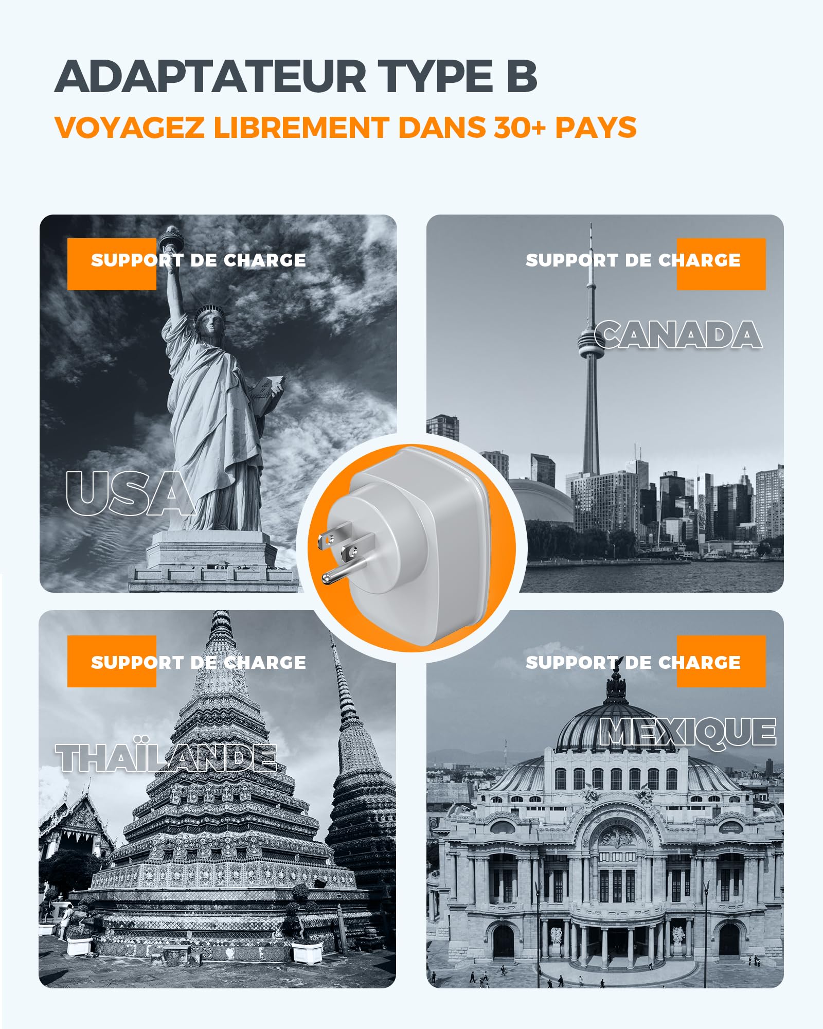 TESSAN Lot de 2 Adaptateur Prise USA, 3 en 1 Adaptateur Prise France vers USA 1250 W, Adapter Canada avec USB C et USB A, Chargeur Americain pour Philippines, Mexique, Thailande, Pérou