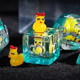 Cusdie DND Dice Set - 7-Piece Transparent Resin Dice with Bow-Tied Duck Design, Perfect for Board Game Enthusiasts, Gifts, and Collectors - Comes with Velvet Pouch (Yellow Duck w/Bow)