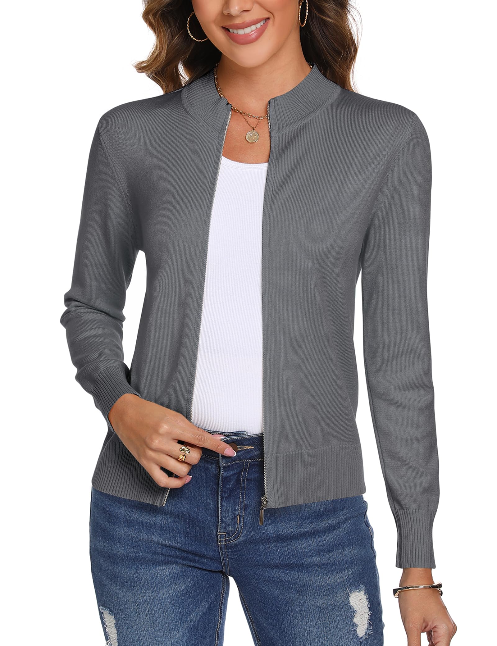 Aottori Cardigan Donna con Zip Maglione Cerniera Leggero Giacca in Maglia Elegante Golfino a Maniche Lunghe Pullover Aperta Casual per Primavera Autunno Invernale