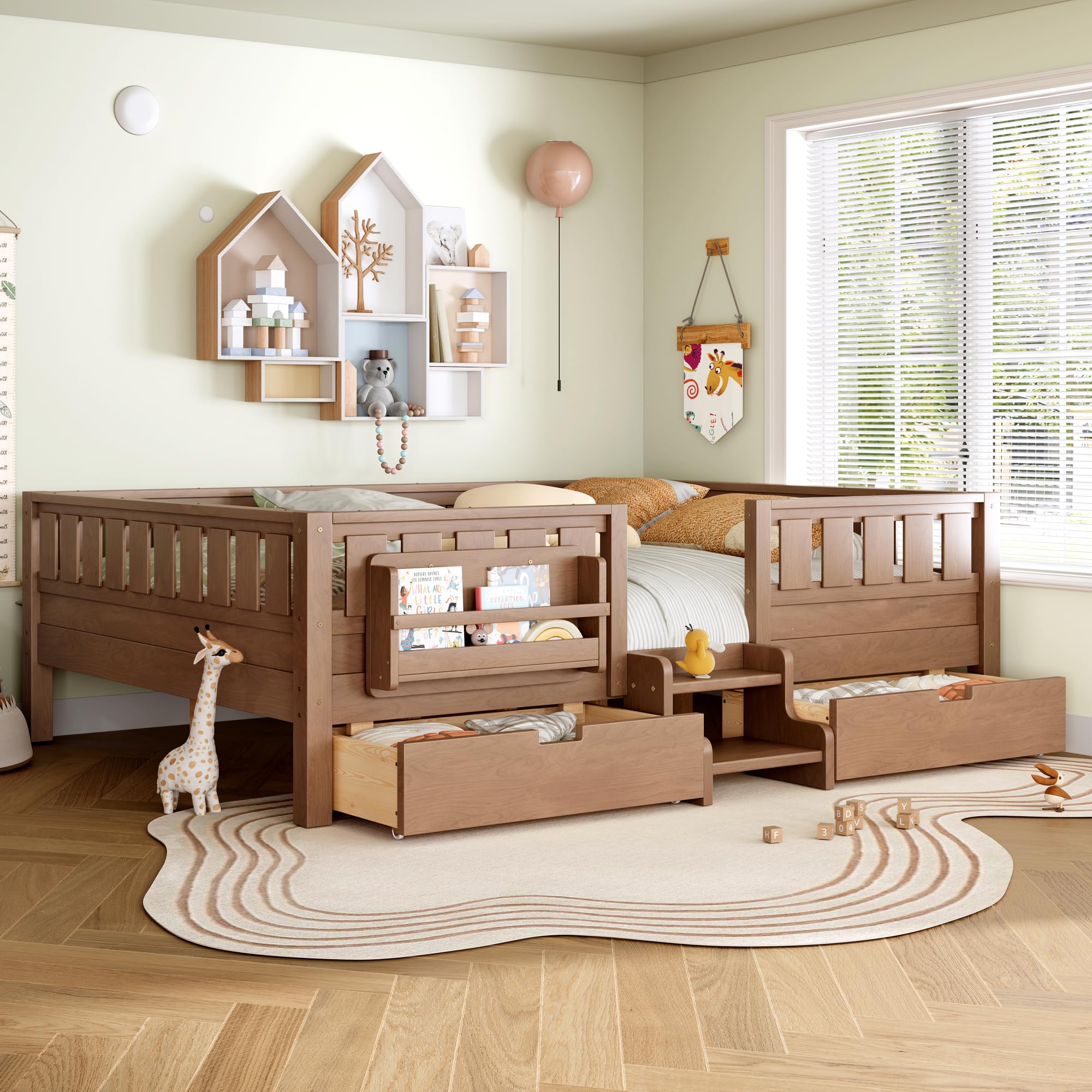 Bellemave Queen Size Kids Montessori Bed with Stairs and Bookshelf,Solid Wood Queen Size Kids Bed Frame with Drawers and Storage for Girls Boys,