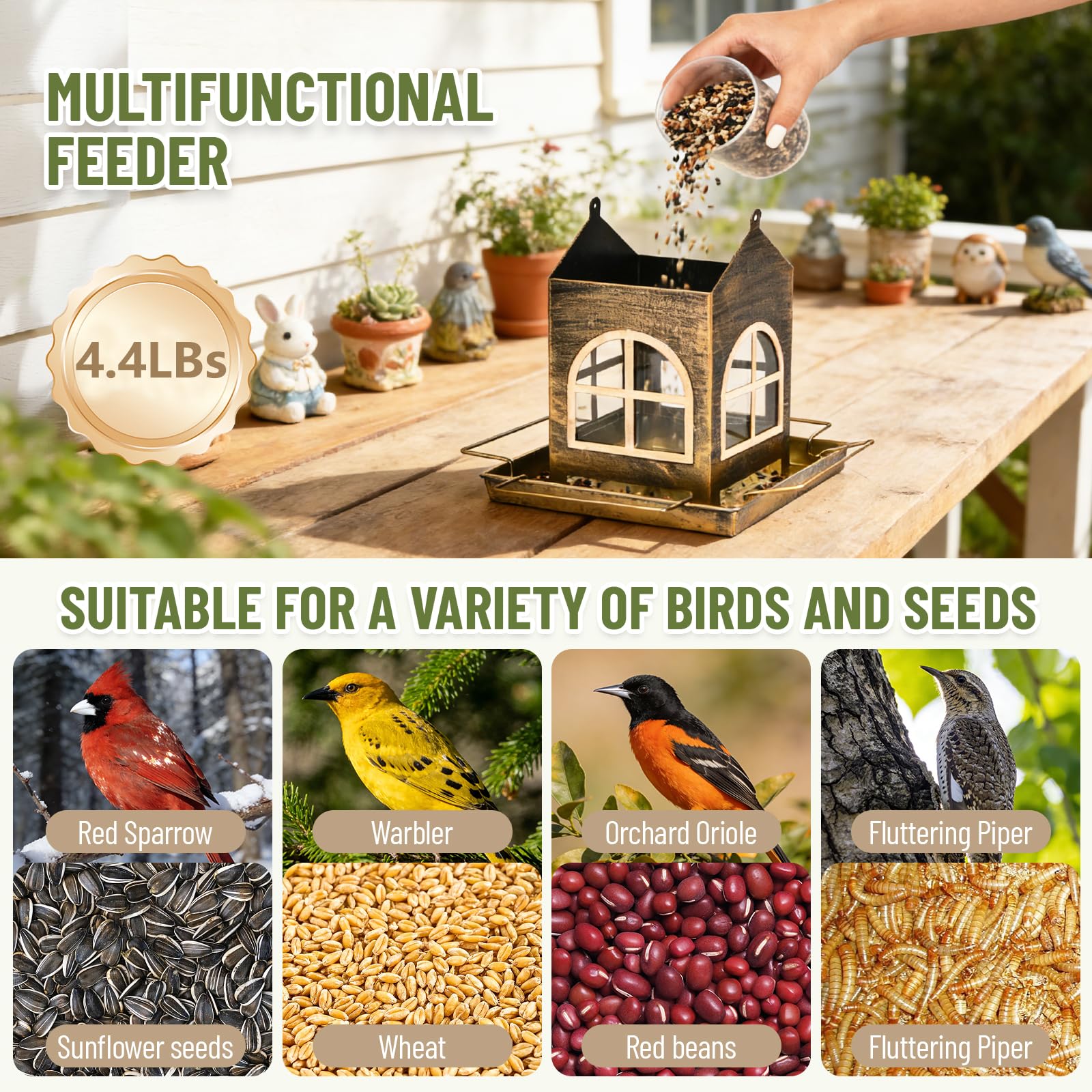 Bird Feeders Outdoor Hanging, Large Capacity Metal Wild Bird Feeder with Drainage Holes, Mangeoire Oiseaux Exterieur, Easy to Clean, Refill, Bronze Anti-Rust Decor for Garden - 3