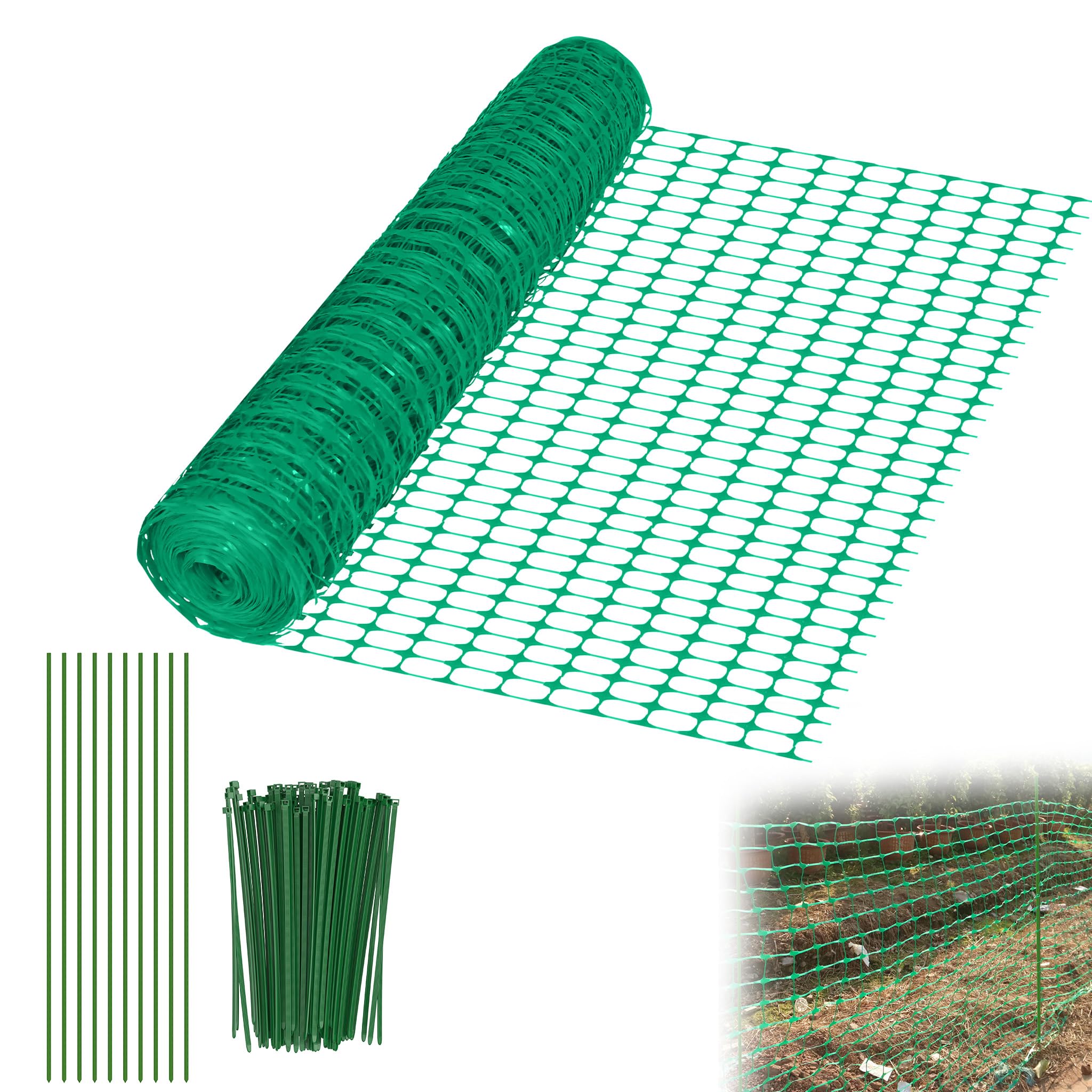 YRHome 1 x 80 m - Clôture de chantier - En plastique - Filet d'avertissement - Pour chien - Filet de sécurité - Filet de sécurité - Pour chantier - Clôture de poulet - Vert - Avec 80 piquets et 250