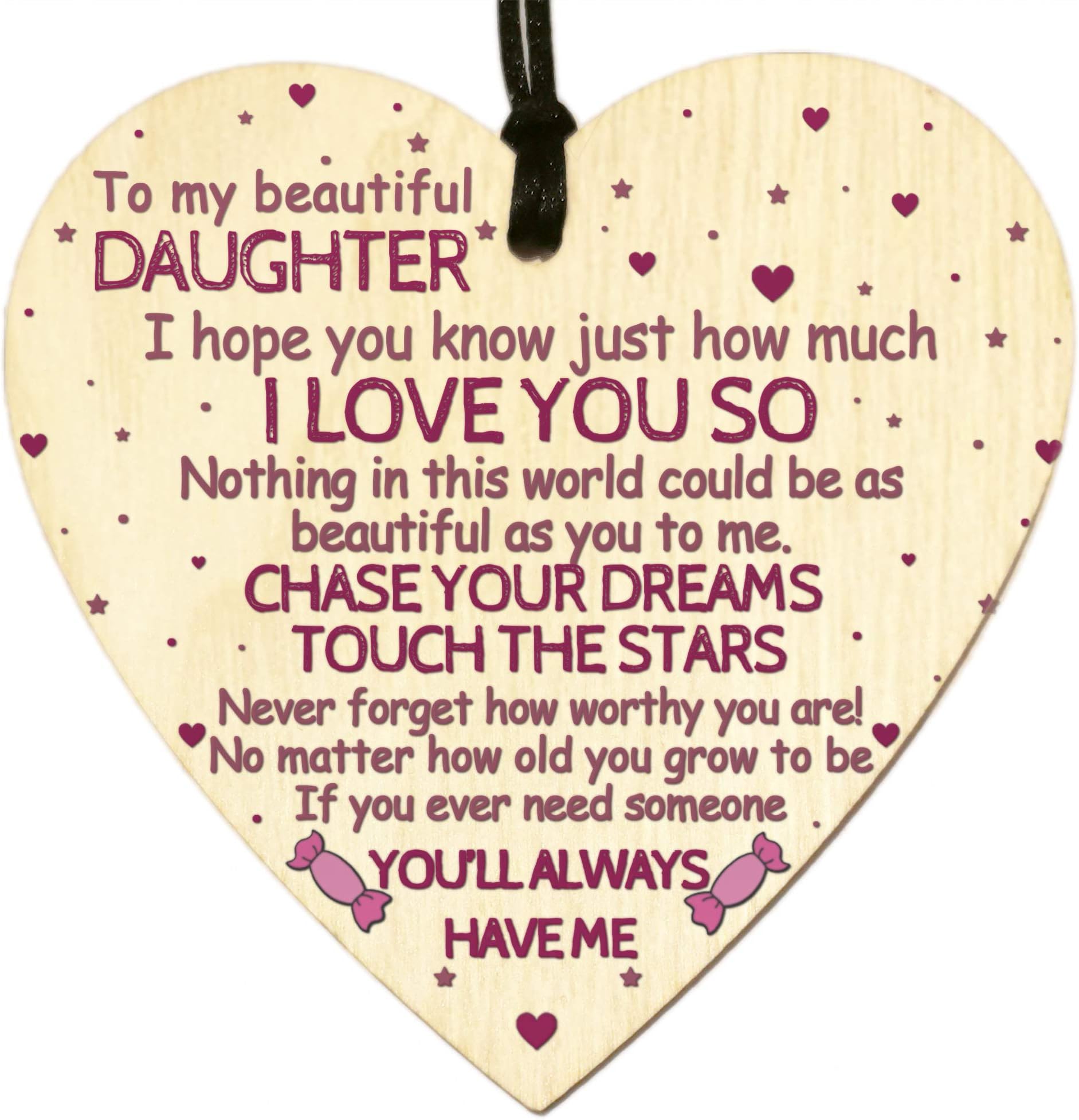 To My Beautiful Daughter I Love You Birthday Card Gifts for Her Sweet Baby Girl Princess from Mum Dad Wooden Heart Sign Plaque Keepsake Decoration