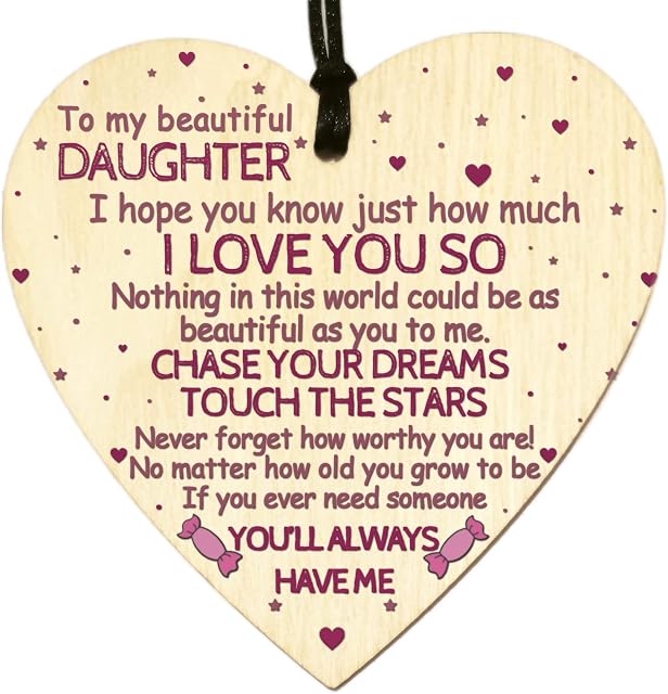 To My Beautiful Daughter I Love You Birthday Card Gifts for Her Sweet Baby Girl Princess from Mum Dad Wooden Heart Sign Plaque Keepsake Decoration