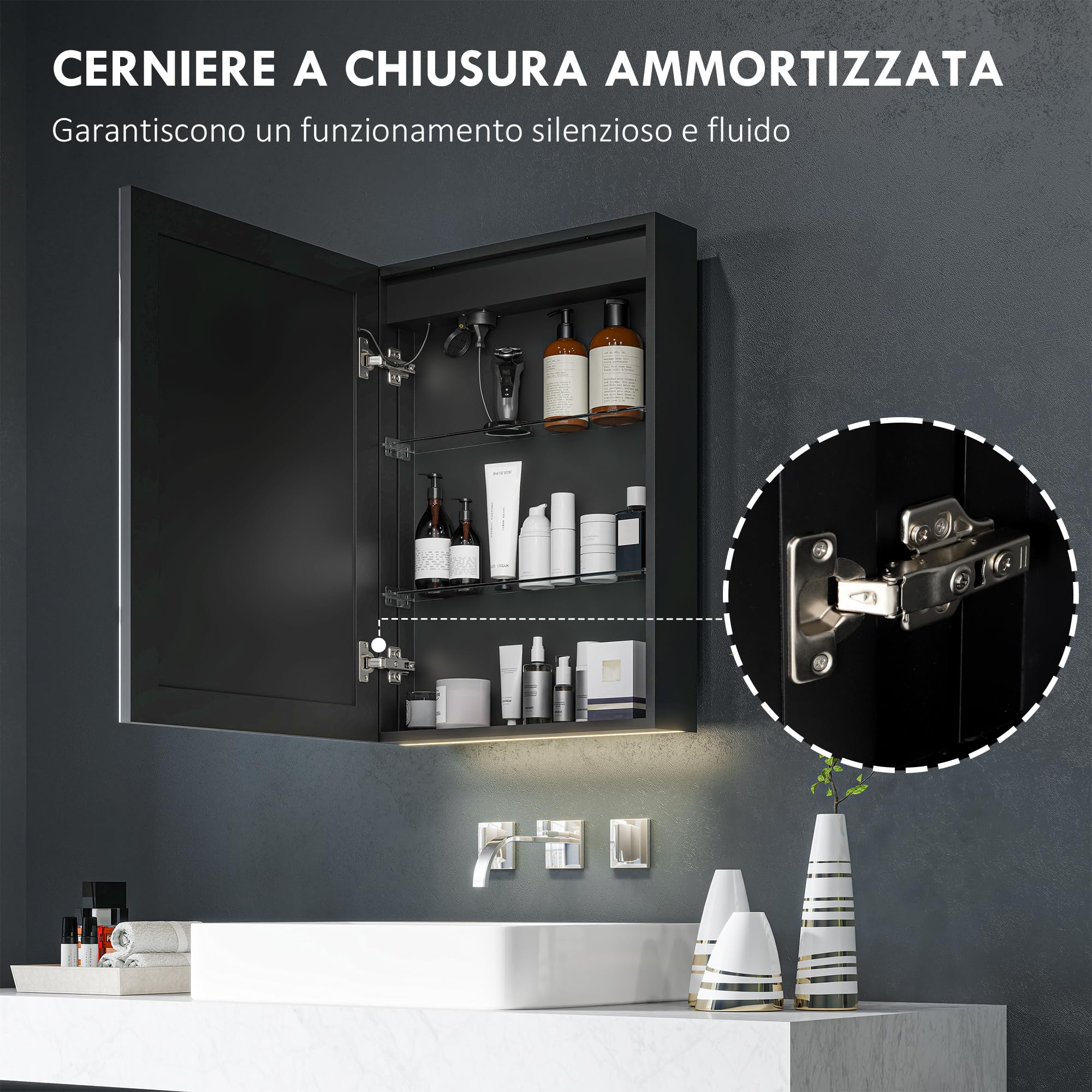 HOMCOM Armadietto a Specchio per Bagno con Luci LED e Presa per Rasoio, Armadietto a Parete con Specchio, Pad Anti-Appannamento, Dimmer, 3 Colori, Mobile da Bagno, Nero