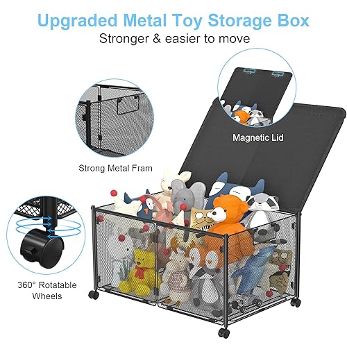 Miniatura 2 de Almacenamiento de juguetes, caja de juguetes de metal con ruedas, baúl grande de juguetes de 72 litros con tapa para juguetes, ropa, zapatos,
