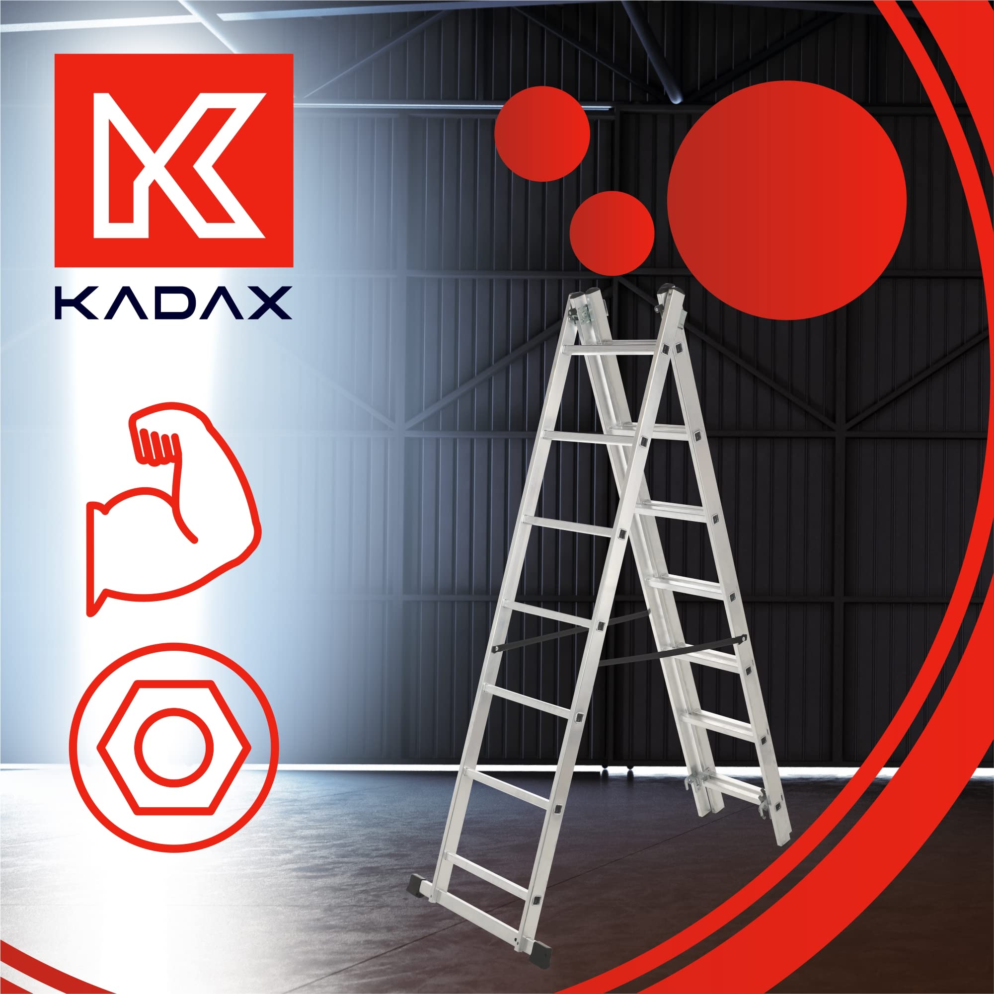 KADAX Drabina aluminiowa składana 3 - stopniowa, udźwig 125 kg, stopnie antypoślizgowe, półka na narzędzia, lekka i stabilna do domu i warsztatu