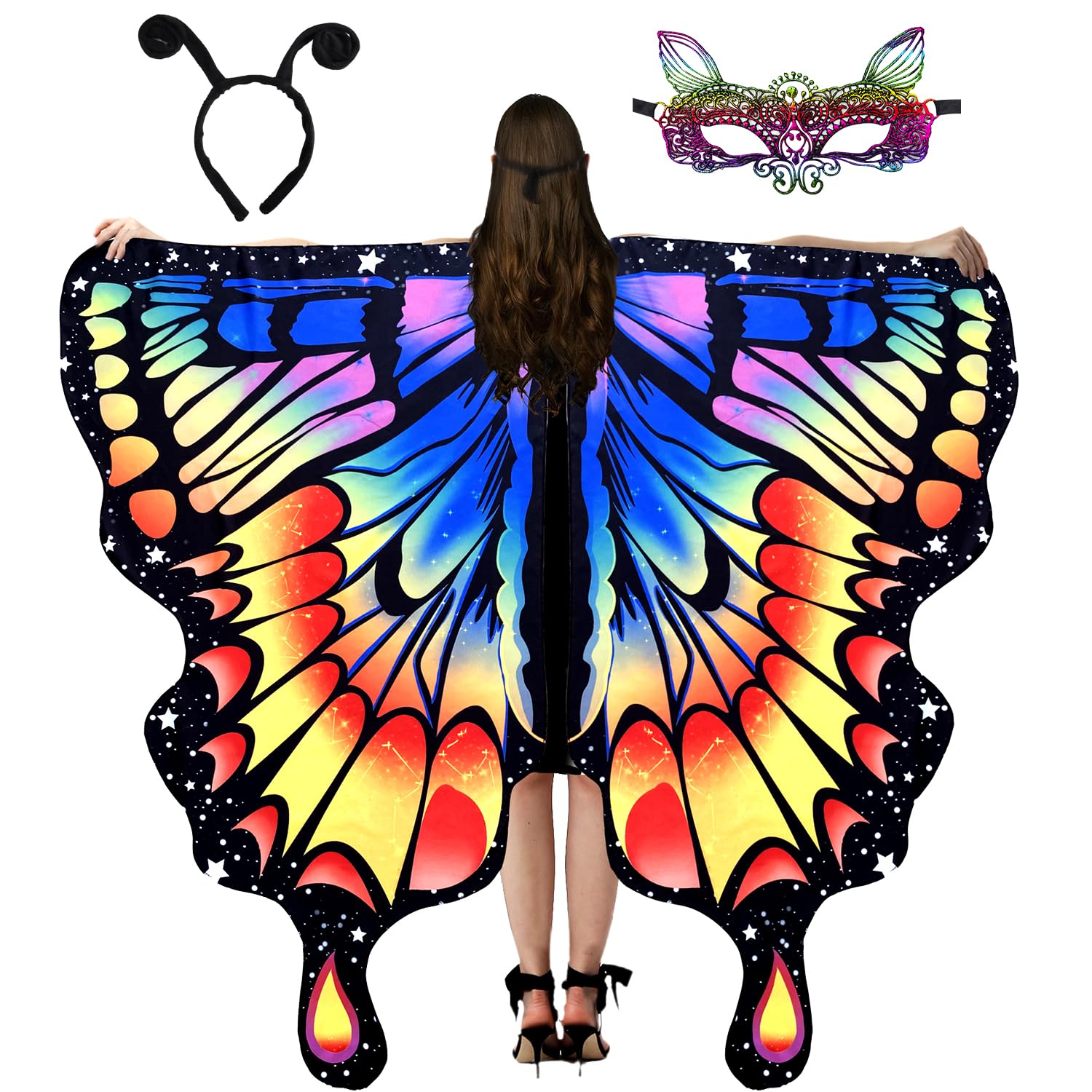 WhiteUniQoon Butterfly Costume for Women, Adult Butterfly Wings Halloween Party Costume with Lace Mask and Antenna Headband 014 — image 1