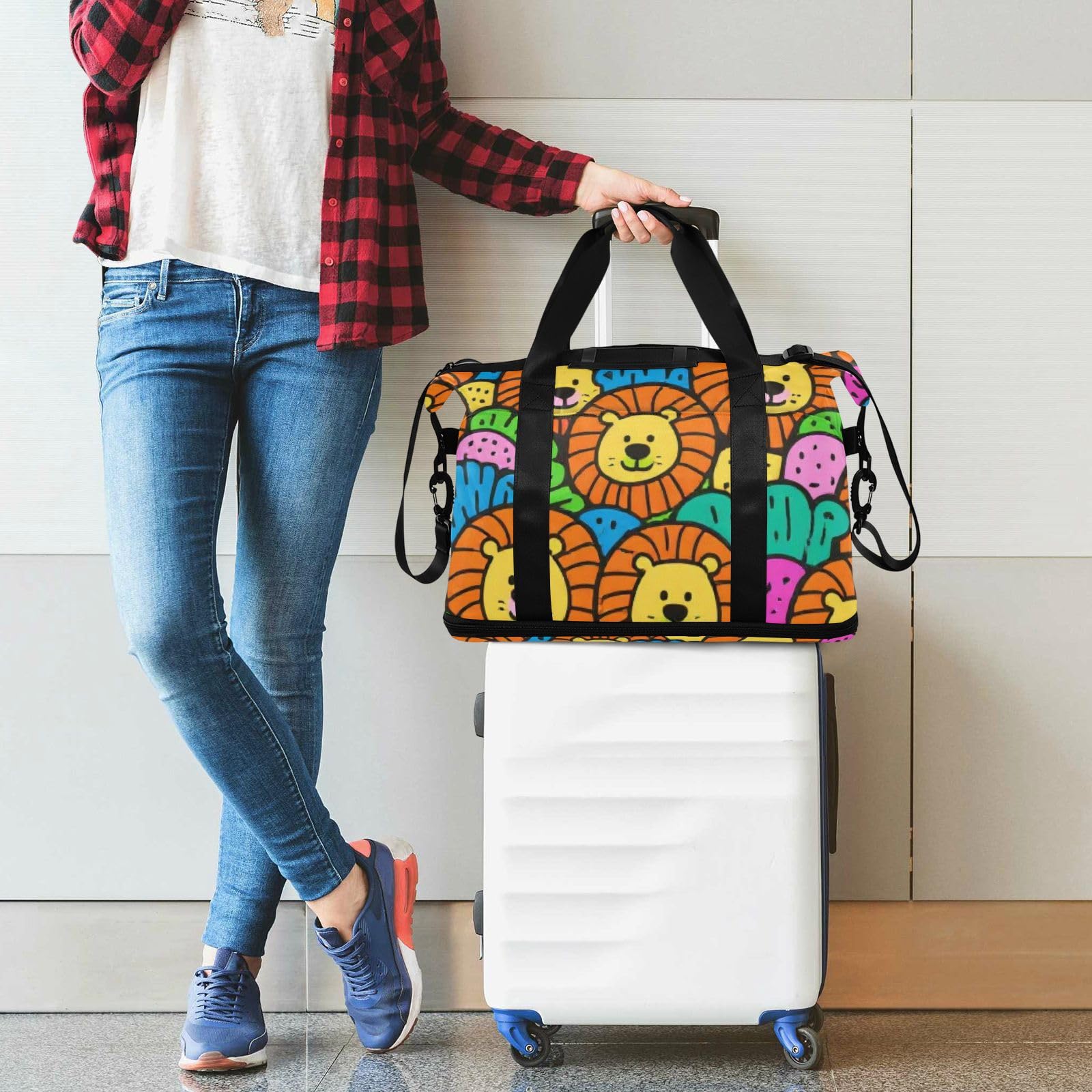 Lion Doodle kolorowa torba weekendowa z nocowaniem z kieszenią na mokro regulowany pasek torba na siłownię do treningu wielofunkcyjna dla mężczyzn kobiet