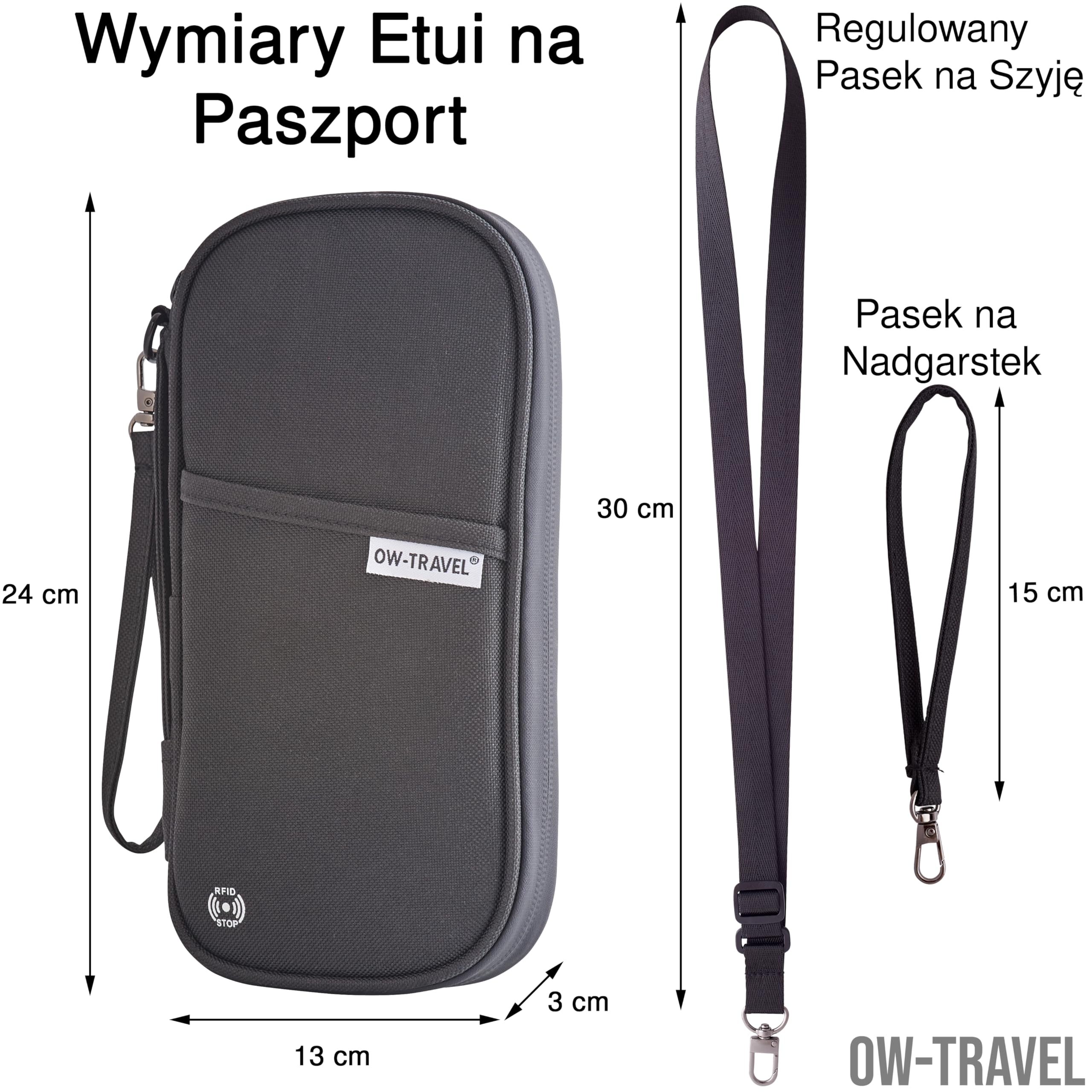 OW-Travel Etui na Paszport i Dokumenty (czarny) z ochroną RFID. Pojemne etui na paszport 4 paszporty na bilety lotnicze. Dołączone paski na nadgarstek i szyję bez użycia rąk