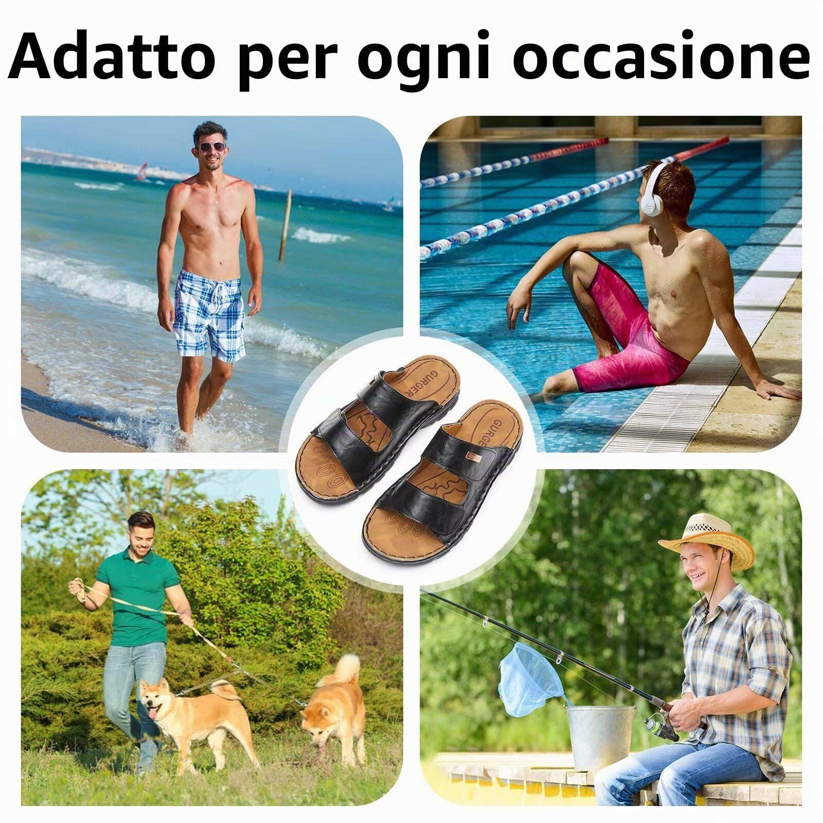 Sandali Uomo Pelle con Doppio Strappo Regolabile, Ciabatte Uomo Estive Aperte, Scarpe Comode Antiscivolo per Casa, Spiaggia, Vacanze e Tempo Libero