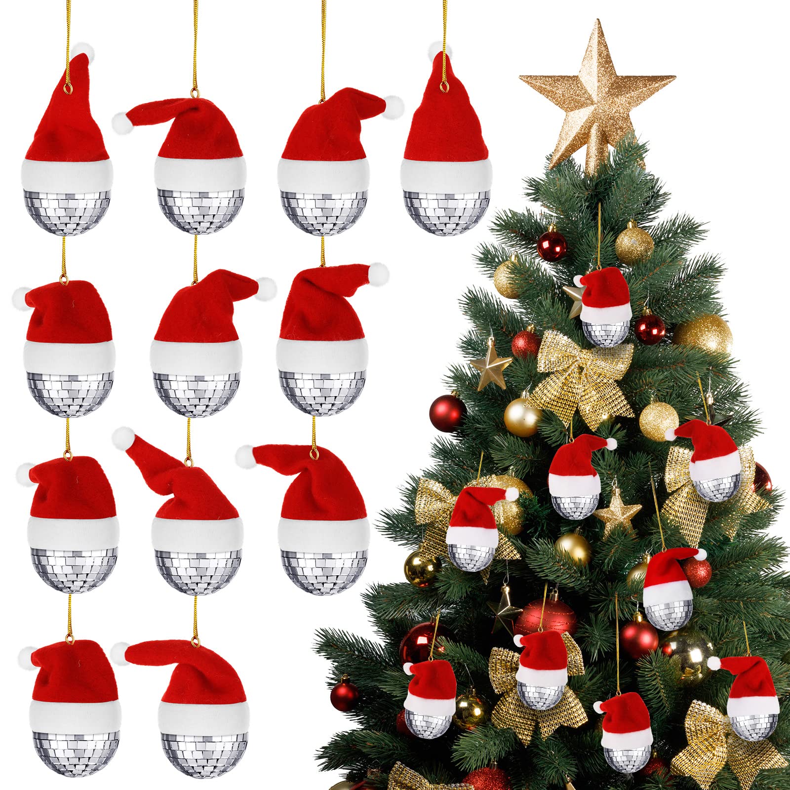 12 Pcs Christmas Ornaments Mini Disco Ball Santa Hat Ornaments Small Disco Party Decorations Tiny Disco Ball Decor Silver Disco Mirror Ball Christmas Tree Hanging Ornament for Xmas Party, 1.97 Inch