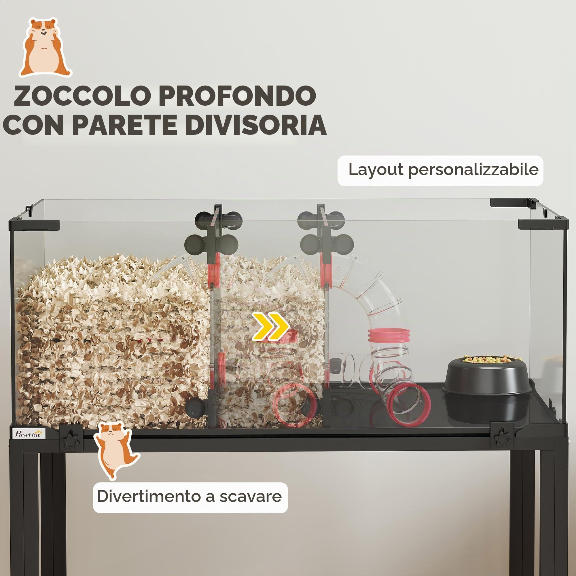 PawHut Gabbia per criceti con vista a 360°, habitat trasparente per criceti con ruote, gabbia per roditori a 3 livelli con sistema di tubi, casetta, rampe, mangiatoia. Gabbia per piccoli animali per