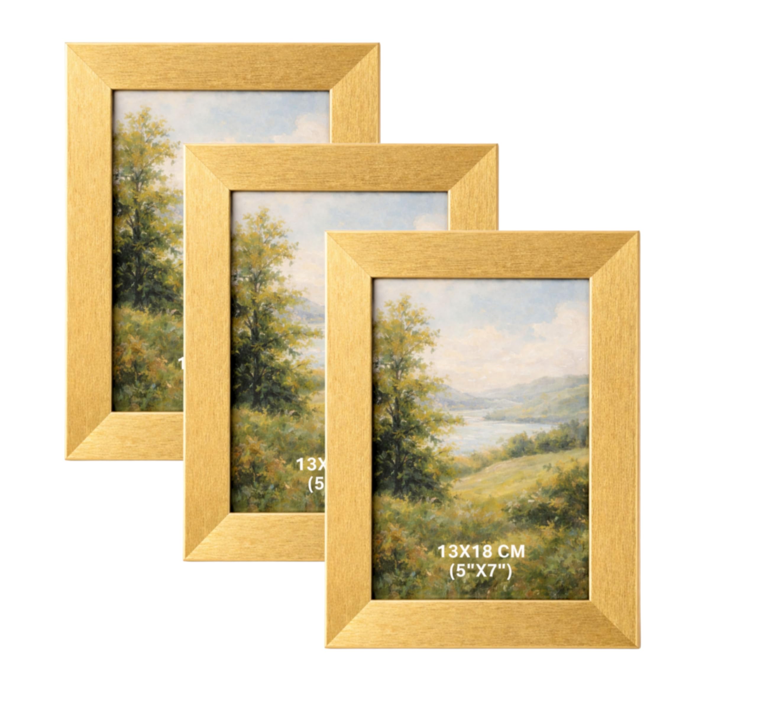 BH | 5x7 Gold Picture Frame Set of 3 | 13 x 18cm Wood Photo Frame with Glass Front | Tabletop and Wall Mounting Display | Horizontal or Vertical Use for Living Room, Bedroom & Office - by Best House