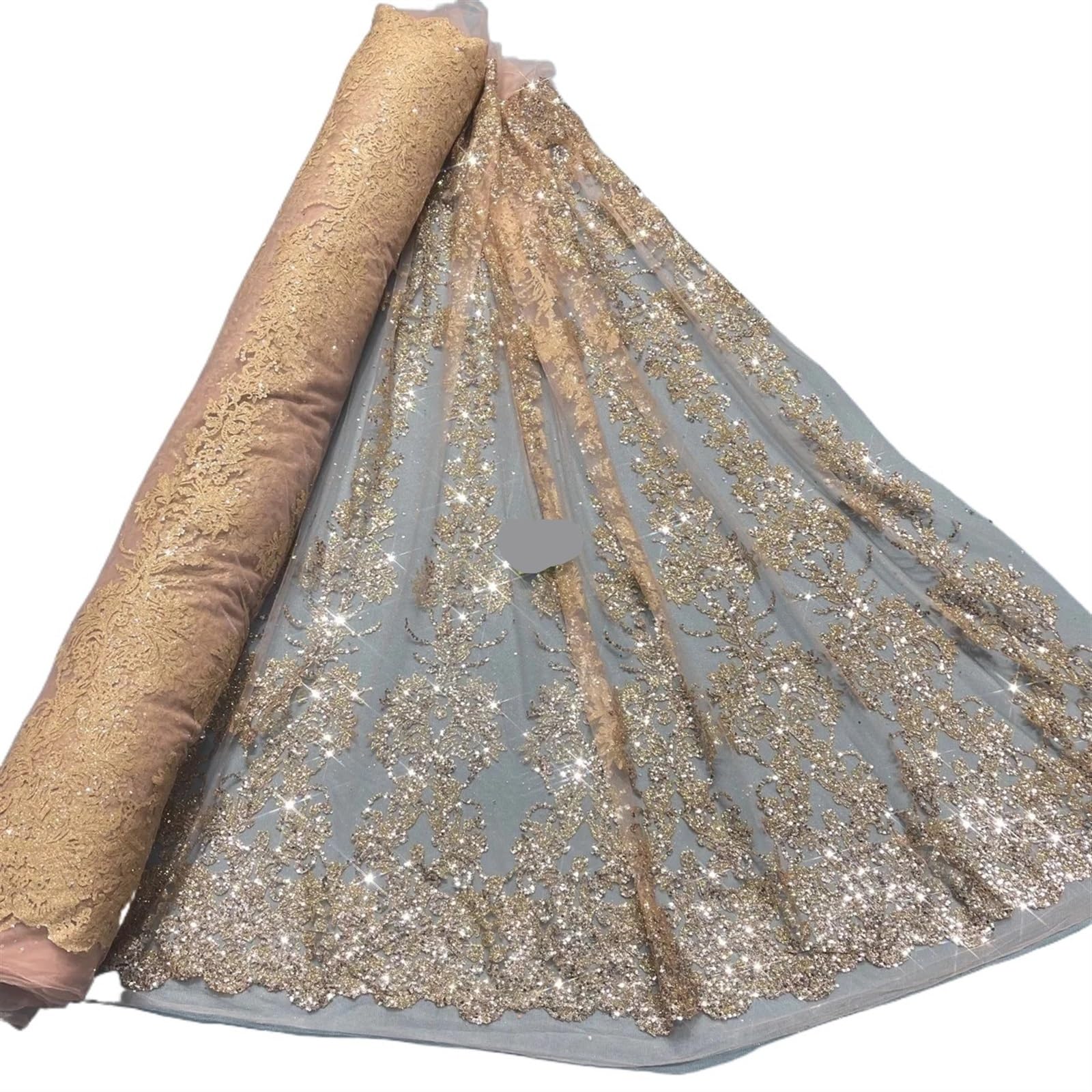Encaje dorado en aerosol para vestido de novia de alta costura malla de 150 cm y 3 yardas
