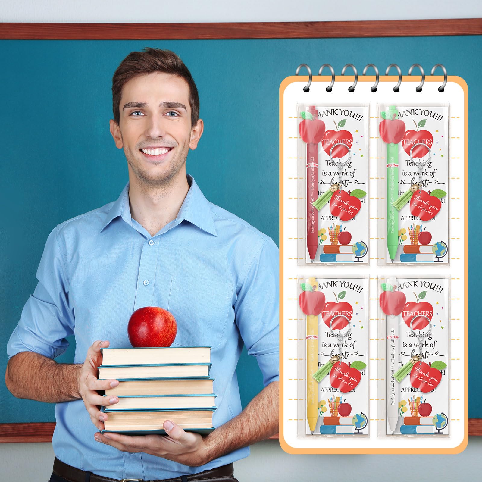 Kosiz 24 Sets Teacher Appreciation Gifts Bulk for Women Men Include Retractable Ballpoint Pens Thank You Keychain End of Year Gifts Greeting Card with Ties(Apple)