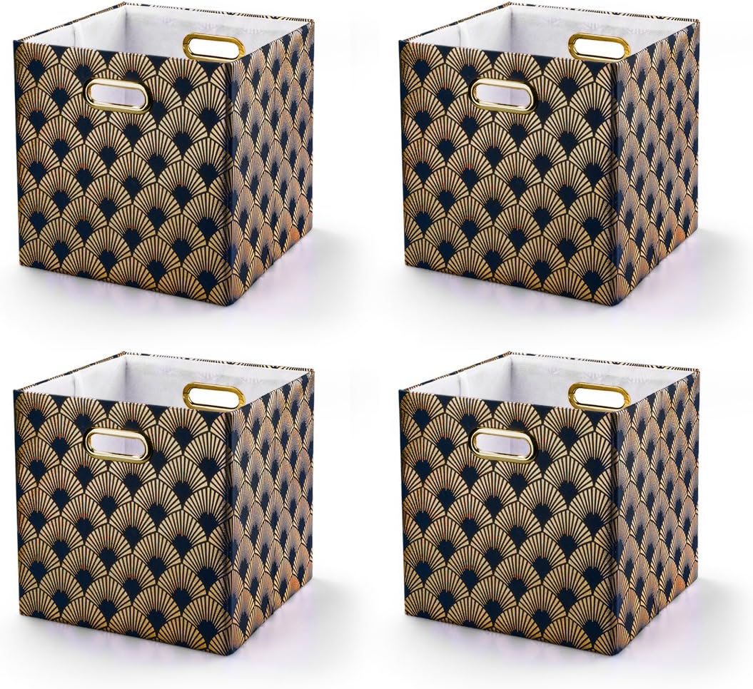 BAIST Cubby Storage Bins,Gold Heavy Duty Canvas Decorative Foldable Storage Cube Bins Basket for Toys Clothes Books School Days Large Square,Set of 4,Navy Fan