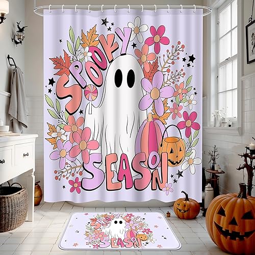Miniatura 6 de Ticuenicoa Juego de 4 cortinas de ducha de Halloween con bonito diseño de fantasma, incluye cortina de ducha de 72 x 72 pulgadas, alfombras de baño,