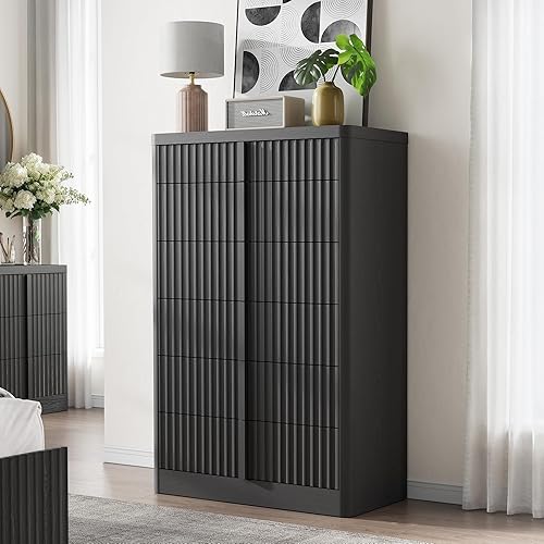 Cómoda acanalada para dormitorio, cómoda de 6 cajones de 48 pulgadas de alto, cómoda moderna con mango de madera maciza, diseño de perfil curvo,