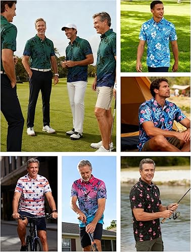 Miniatura 7 de APTRO Camisas de golf para hombres, camisas polo hawaianas que absorben la humedad, ajuste seco con estampado y manga corta