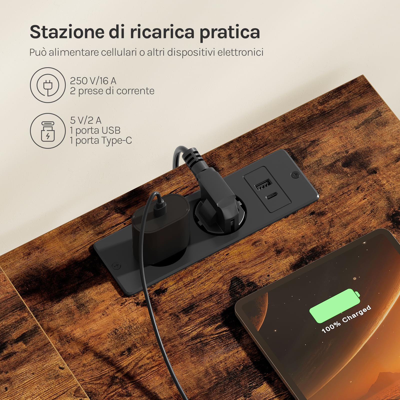 WOLTU Scrivania Angolare, Scrivania per Computer a L, Marrone Rustico | 180x80x84 cm con 5 Cassetti e 2 Ripiani, con LED, 2 Prese, 1 Porta USB e 1 Porta Type-C, per Ufficio, Studio