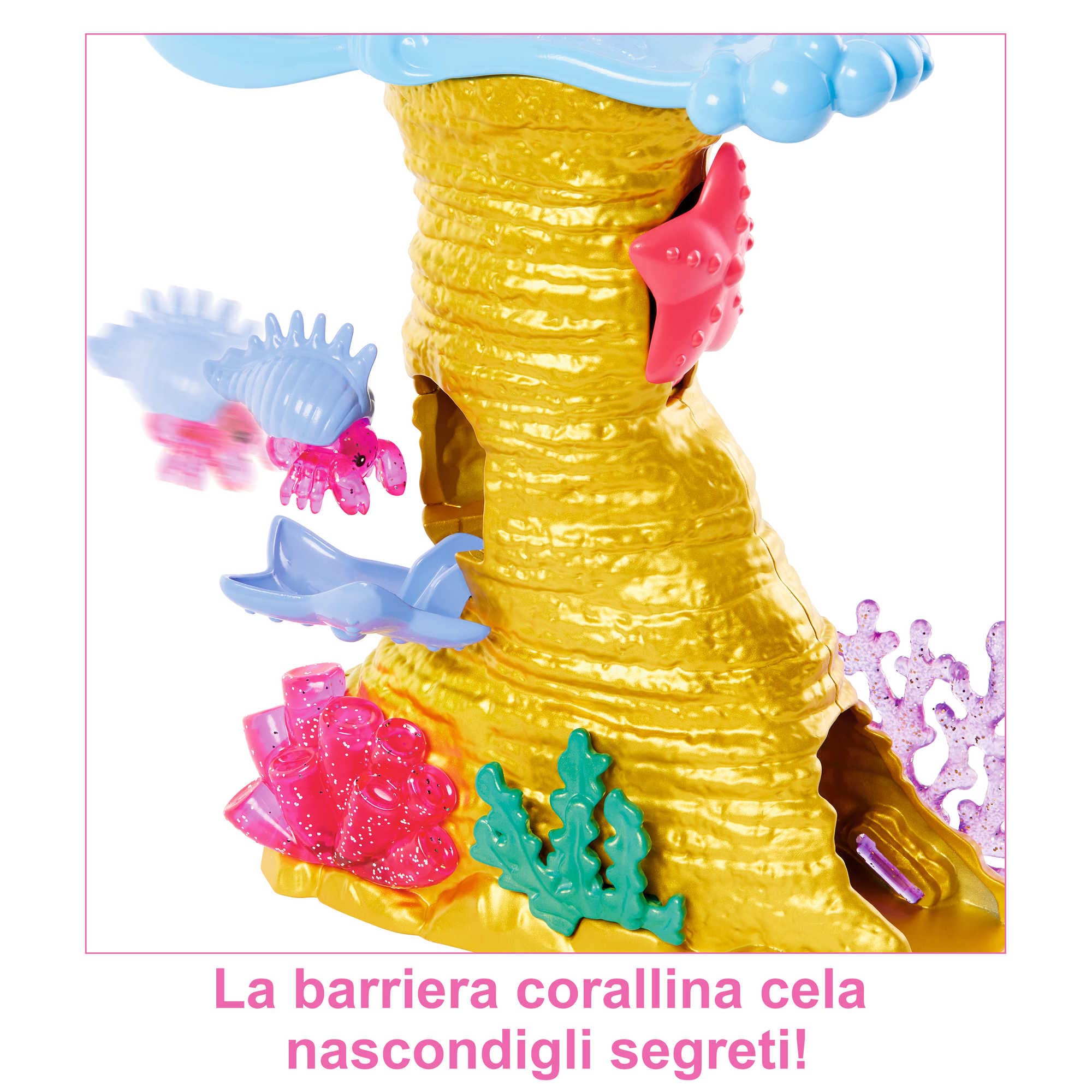 Barbie - Sirene Playset con bambola Chelsea Sirena, 4 cuccioli, area giochi con barriera corallina, passeggino e accessori, Giocattolo per Bambini 3+ Anni, HHG58