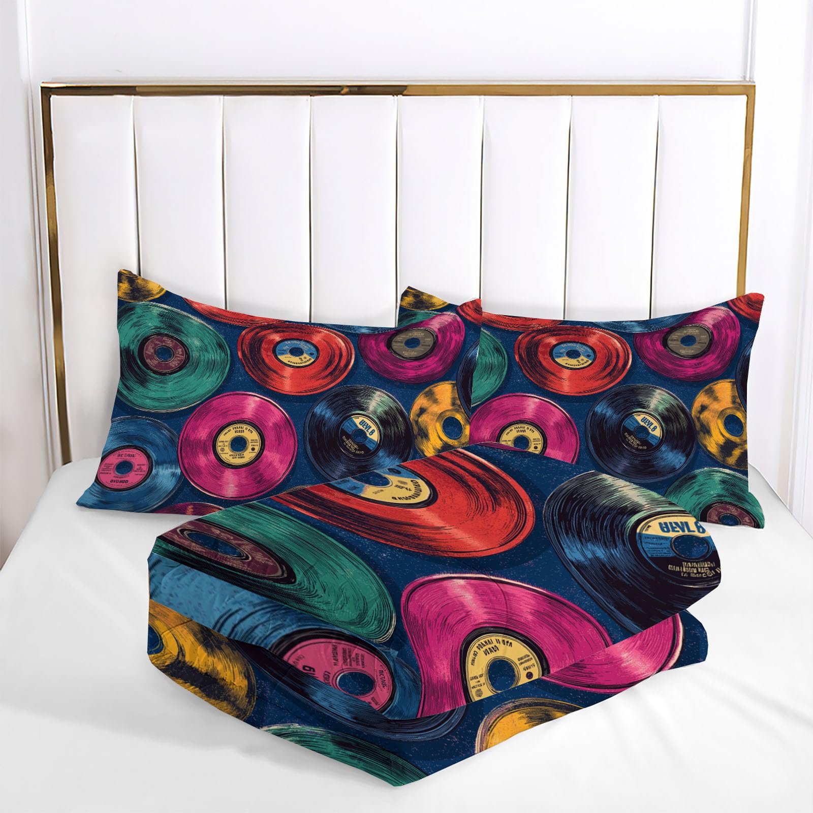 Piumino Letto Piazza E Mezza Con Federe, Piumino Trapuntato Tema Musicale Retrò,Dischi In Vinile Rock Classico Per Tutte Le Stagioni,Trapunta Reversibile Leggero Caldo,240X220Cm,Blu Scuro