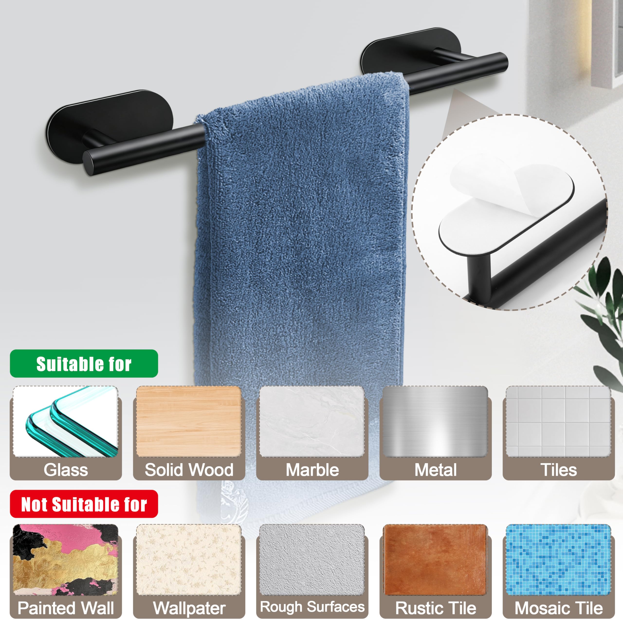 Accessori per il Bagno per Asciugamani Autoadesivi set 8PCS Acciaio Inossidabile Portasalviette da Bagno porta Carta Igienica Gancio per Accappatoio (Nero)