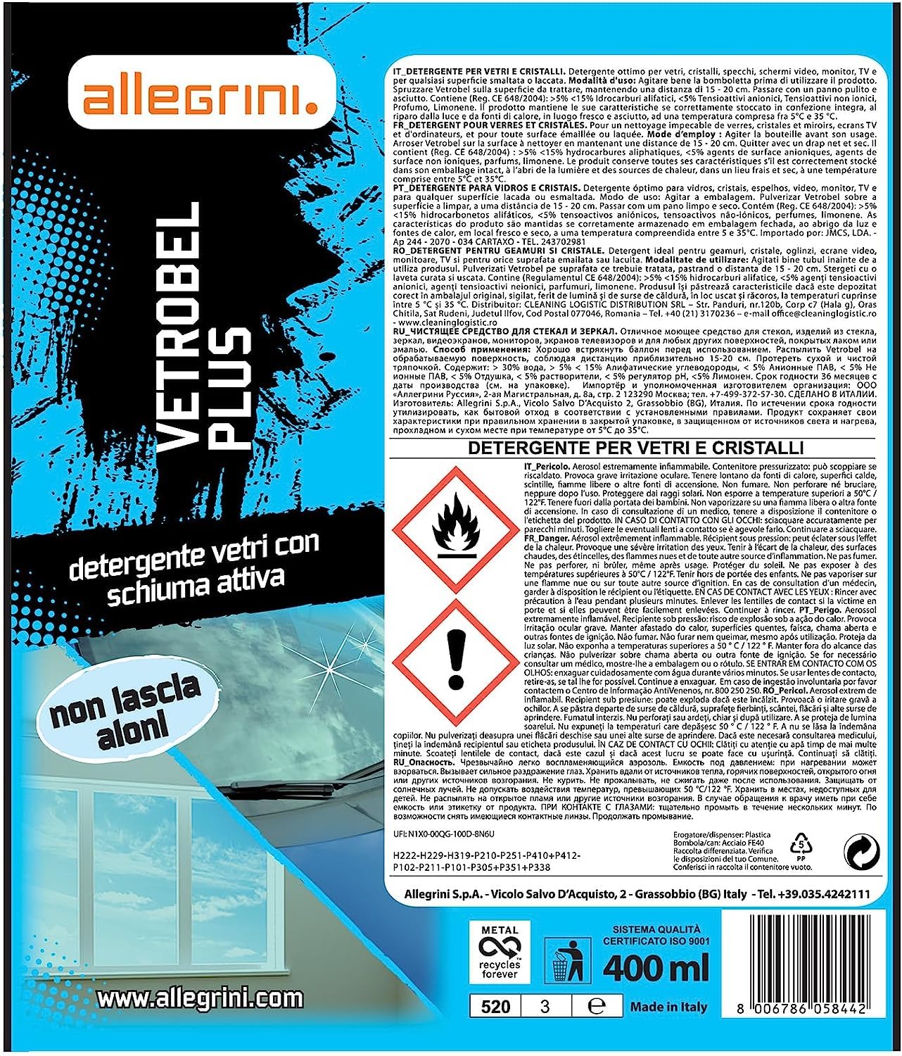 Detershoponline Detergente vetri spray a schiuma Vetrobel Plus 400 ml bombola a schiuma attiva per la pulizia vetri, cristalli e superfici laccate. Non lascia aloni. Conf. 12 flaconi