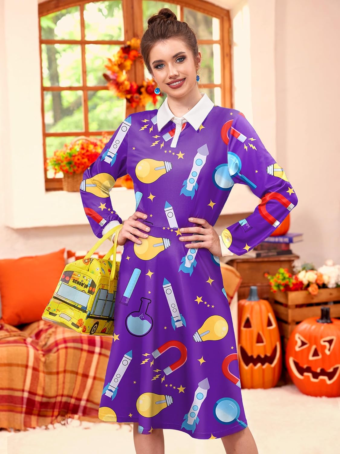 3 Pcs Women Halloween Costume Sets Peter Pan Collar Ms. Frrizle Cosplay Dress with Earrings Purple XL - Image 2