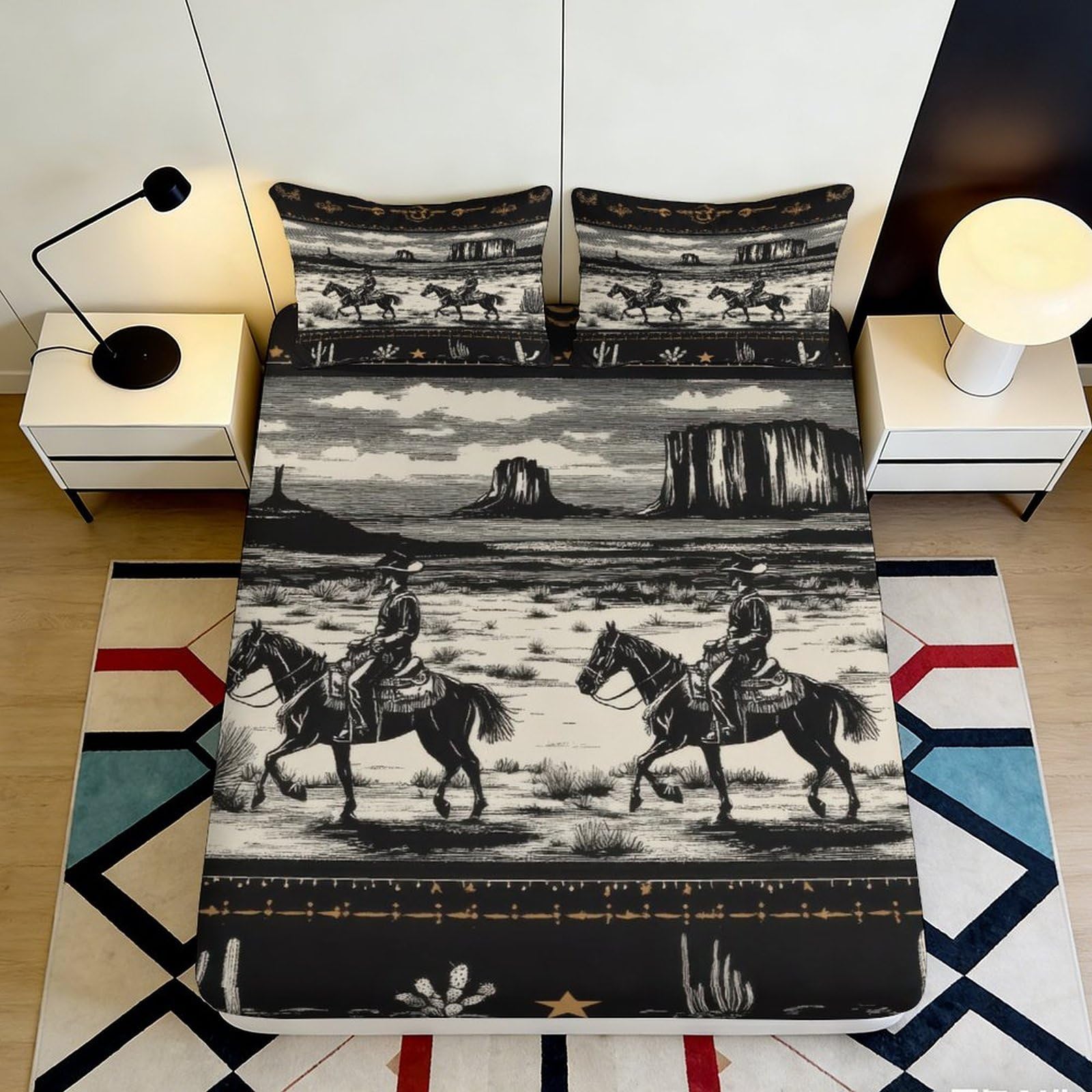 3D Printed Western Cowboy Fitted Sheet Microfiber Soft Black White Desert Landscape Mattress Cover for Bedroom Decor 90x200x25cm