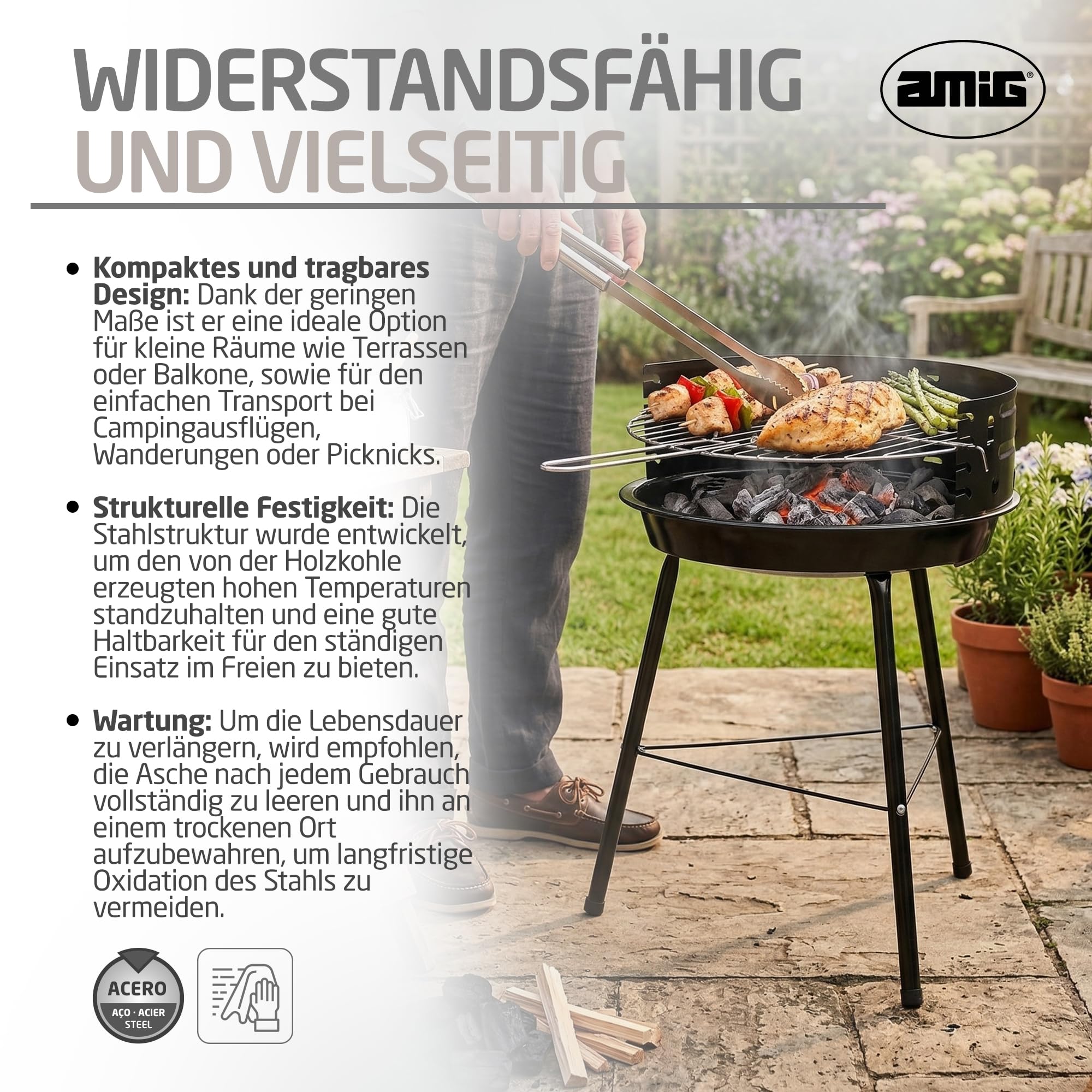 Amig - Kohlengrill - 33 x 35 x 56 cm - Schwarz - Aus Stahl gefertigt - Garten und Terrasse - für Balkon und Terrasse mit kompakten Abmessungen für praktische Nutzung und einfache Wartung. Mod. AZKAR