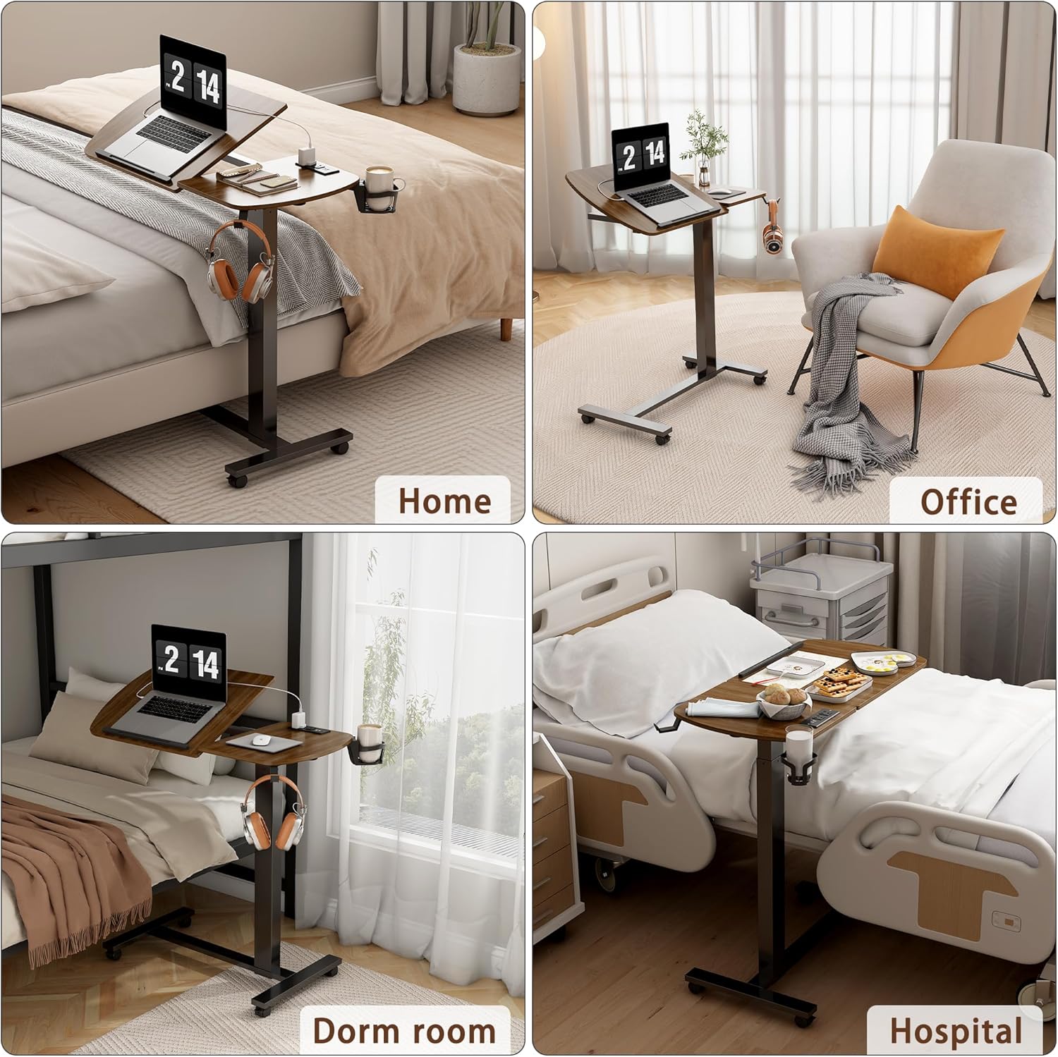 6 In 1 Overbed Bedside Table with Wheels, 32'' Long 90° Medical Adjustable Tilt Hospital Bed Table, Standing Desk with Charging Station Cup Holder Hook, 30''-43'' Height Home Hospital Office (Walnut)