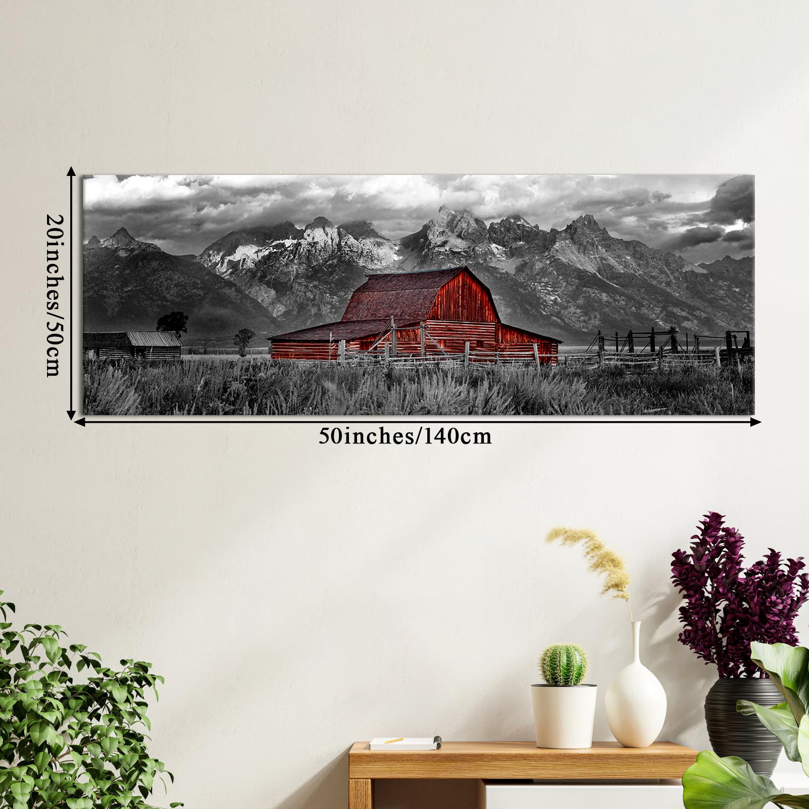 LyerArtork Farmhouse Barn Wall Art Canvas Prints Rustic National Park Black and Red Artwork Moulton Barn Grand Tetons Picture Country Wall Decor for Bedroom Bathroom Kitchen 20" x 55"