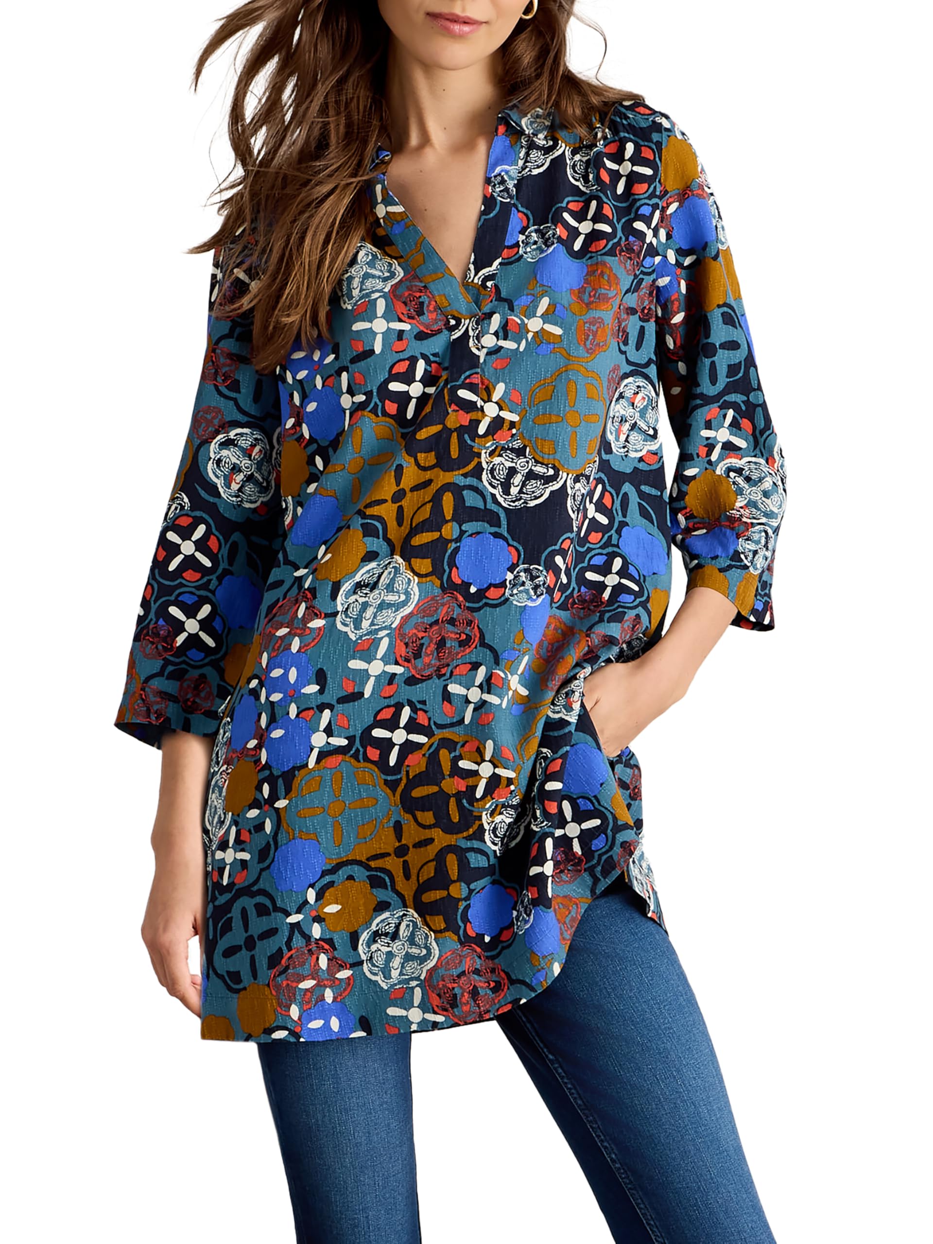 White Stuff Blake Tunika - Langärmlig, mit V-Ausschnitt, Normale Passform, aus Viskosegewebe