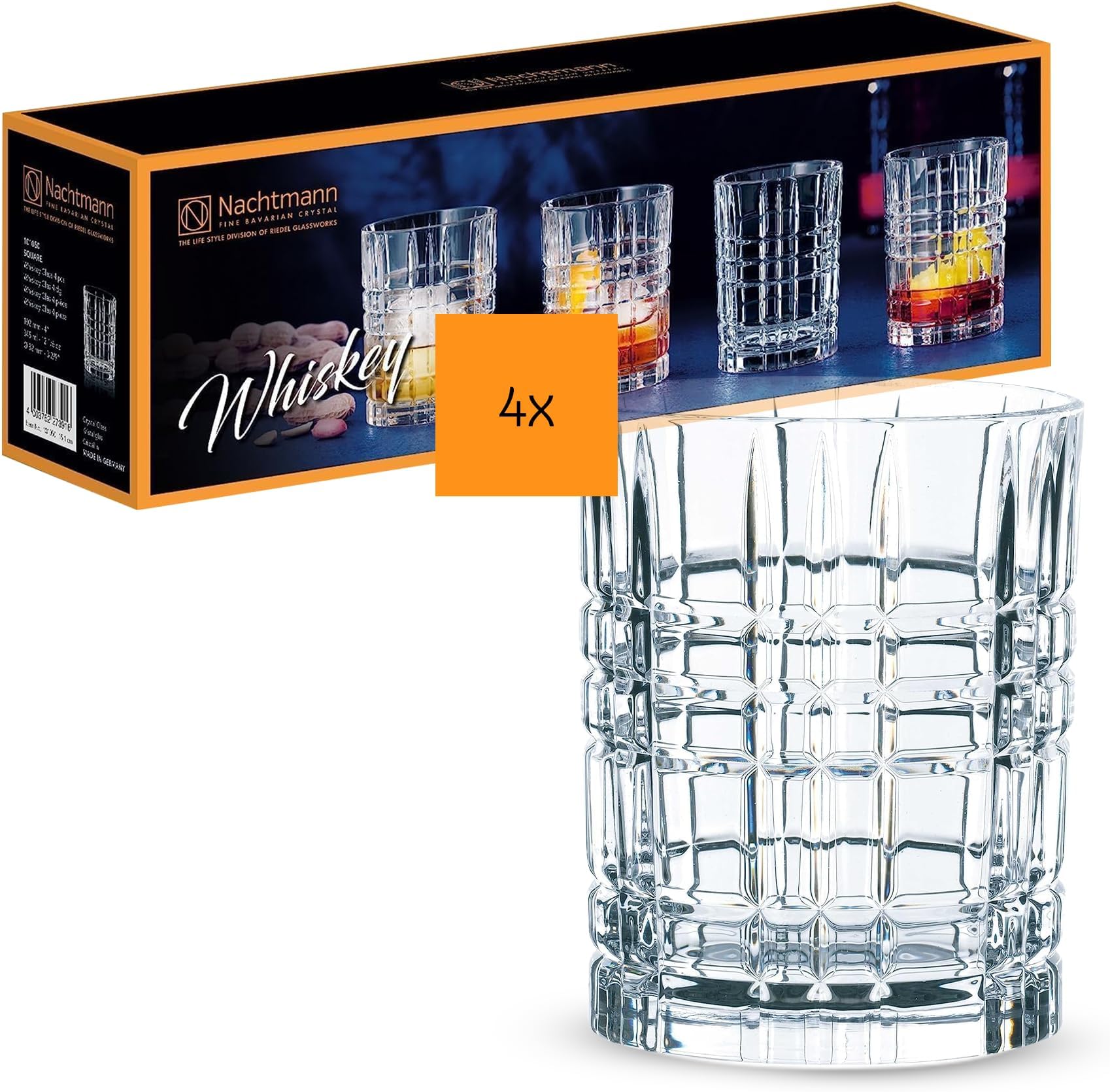 Square Whisky Tumblers – 4-Piece Set of 11.7 oz Lead-Free Crystal Glasses Featuring Modern Geometric Pattern, Machine-Made Drinkware for Whiskey, Scotch, Cocktails, Entertaining