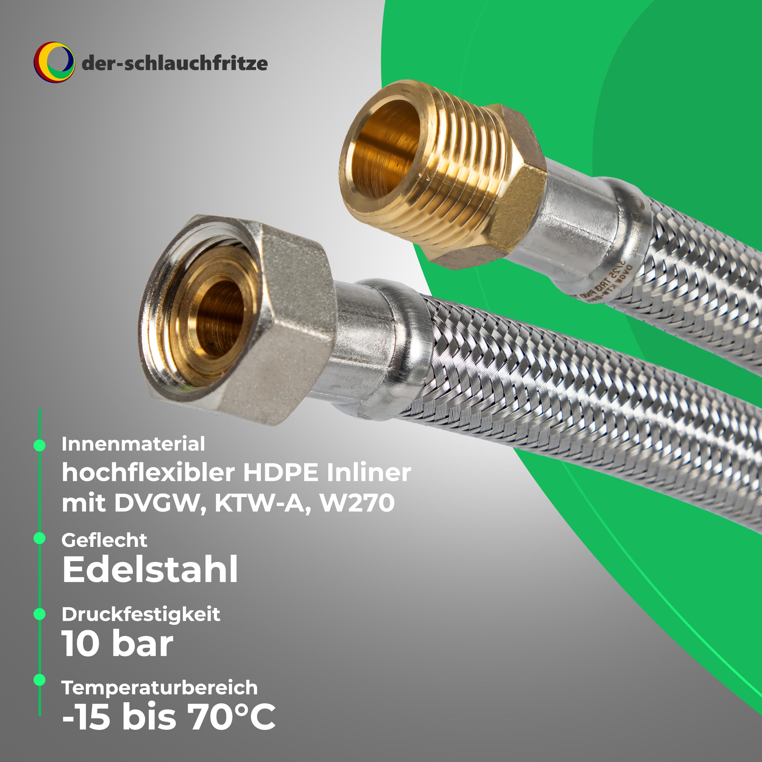 Tuyau blindé et flexible de 1/2" ÜM x 1/2" AG DN13 - Pour sanitaire avec homologation pour l'eau potable.