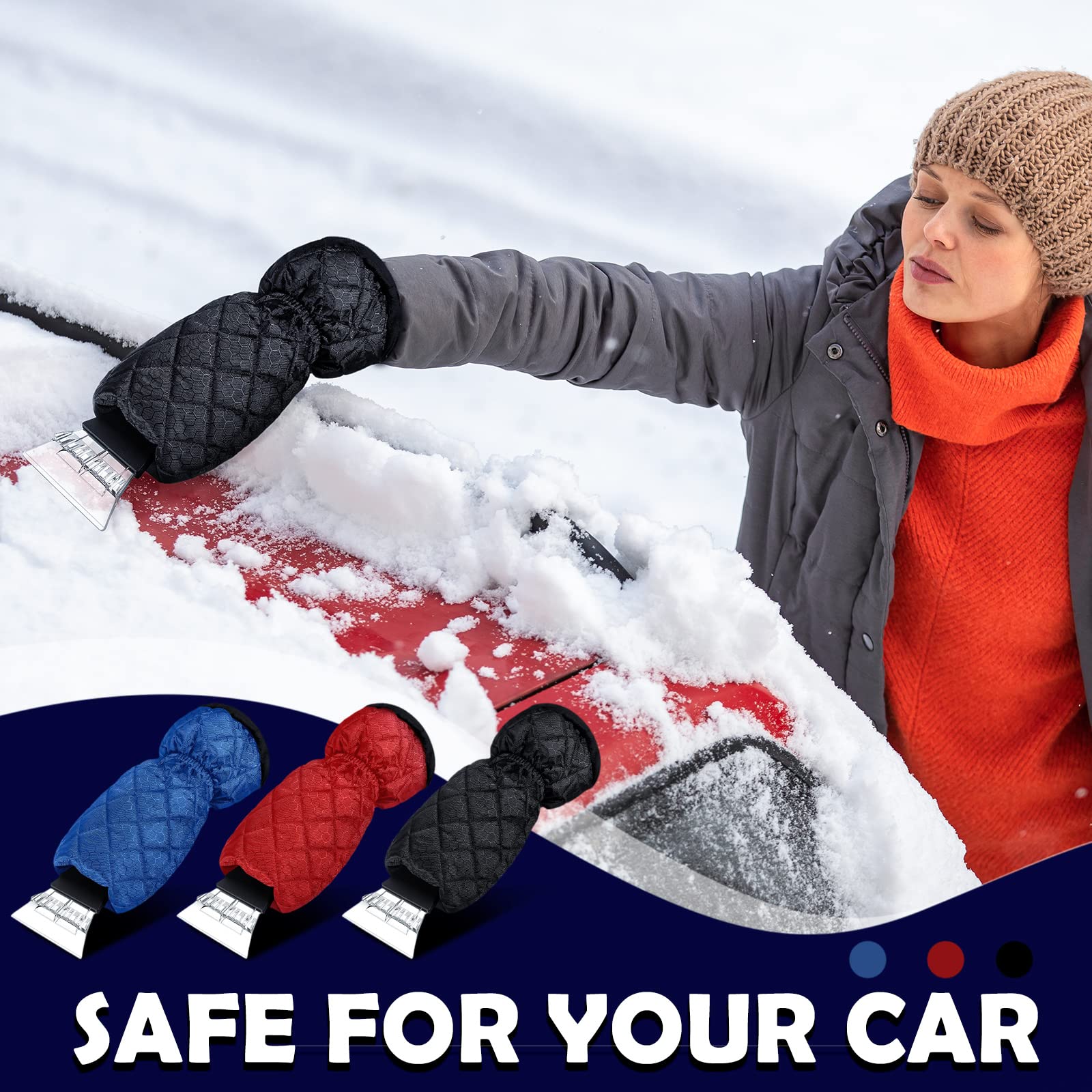 Eiskratzer für Autos, Windschutzscheibe mit Handschuh, Schneeschaber, Entferner mit Handschuh, wasserdicht, warm, gemütlich, Auto-Eiskratzer für Auto, LKW, Fenster, Rot, Schwarz, Blau, 9 Stück