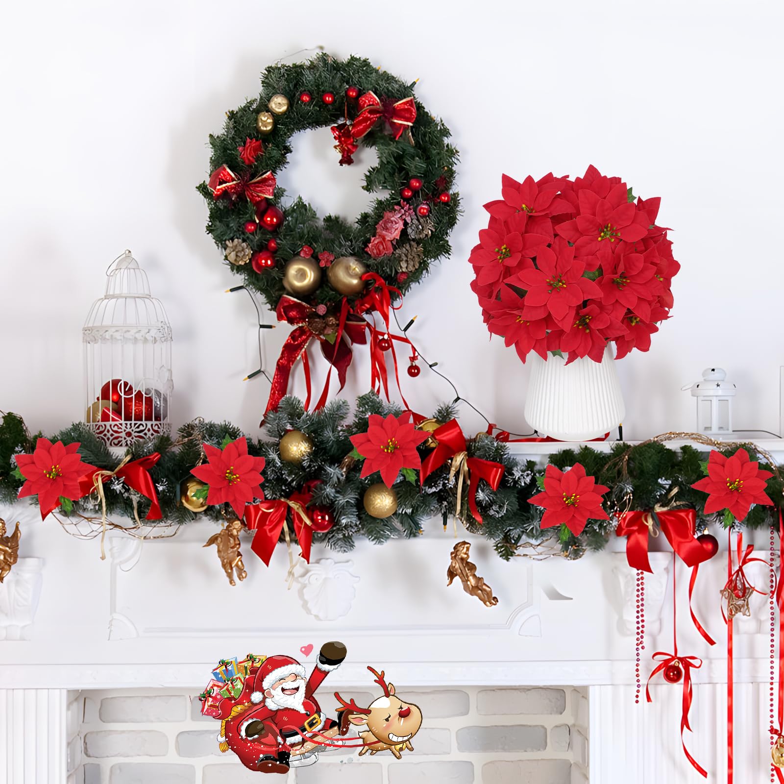 Decoraciones de Navidad – Paquete de 12 flores artificiales de Navidad de 14.1 pulgadas, flores de Pascua artificiales de terciopelo rojo para árbol de Navidad, hogar, fiesta, porche, patio,