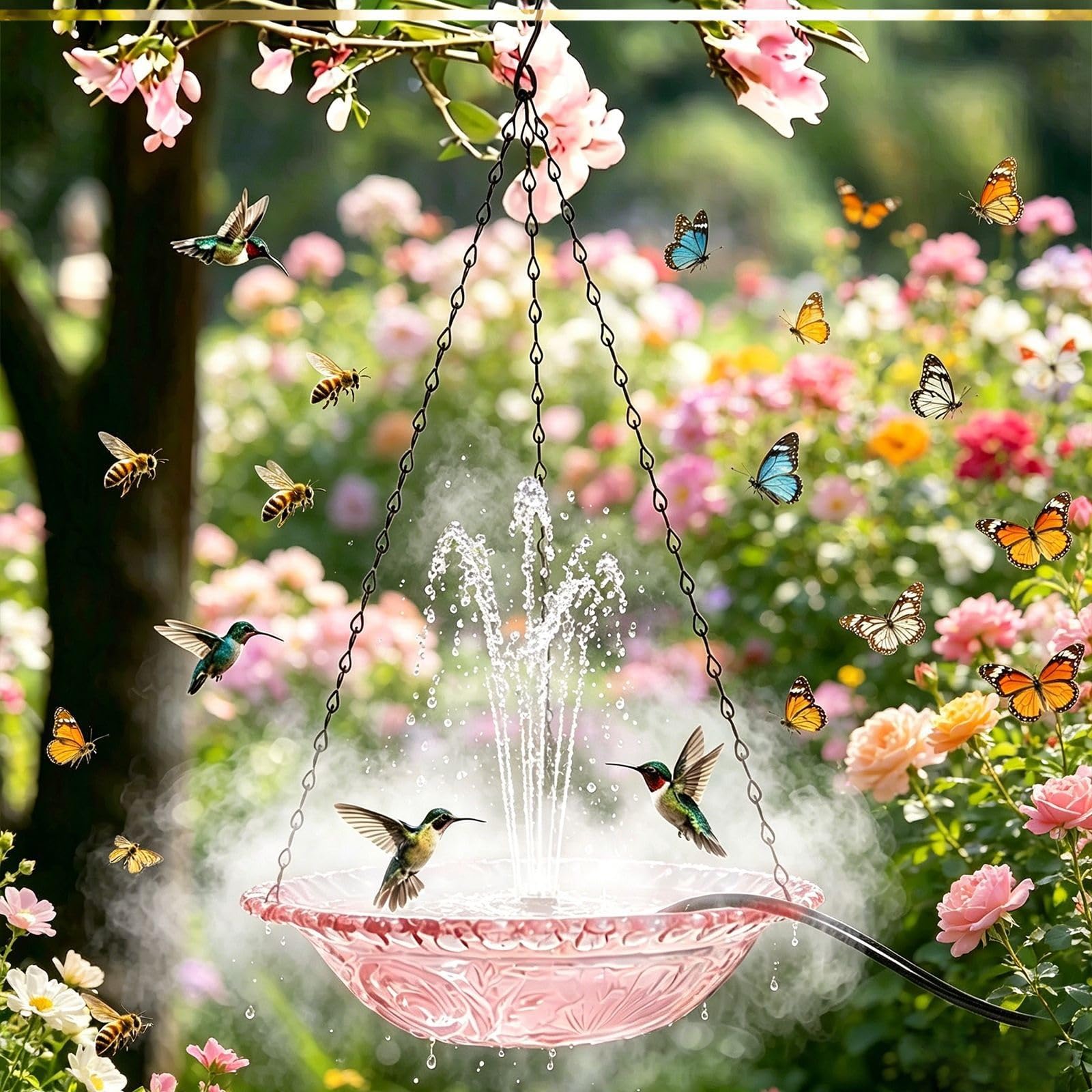 JYBBST Hanging Bird Bath Hanging Bird-Feeder, Outdoor Bird Bath With Chains, Wildlife Feeder Plate Water Bowl Or Water Bowl Backyard Garden Decor(Pink)