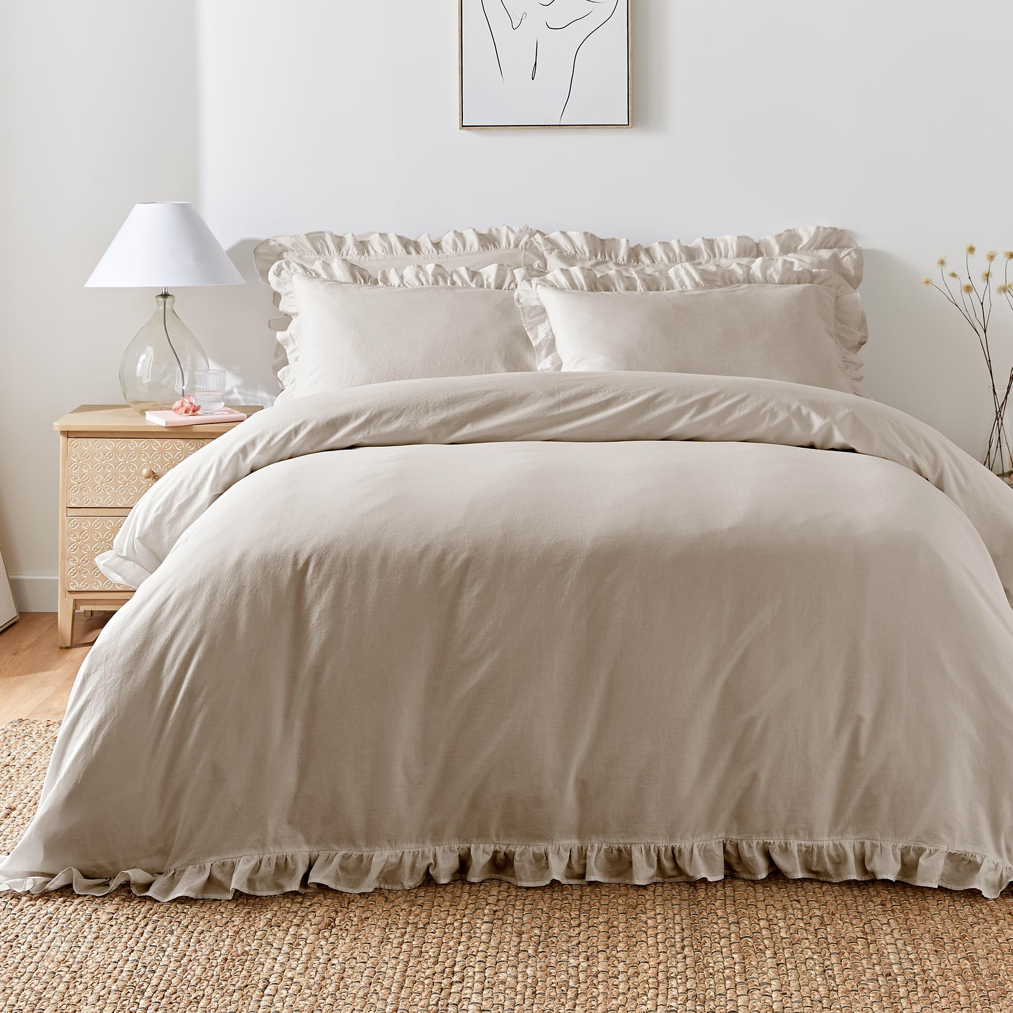 Appletree Natural Frill Duvet Cover Set – Double (200x200cm) – 100% Cotton – 200TC – 2 Pillowcases – Soft Ruffle Bedding – Neutral Frilly Duvet Set – Breathable Natural Cotton Bedding